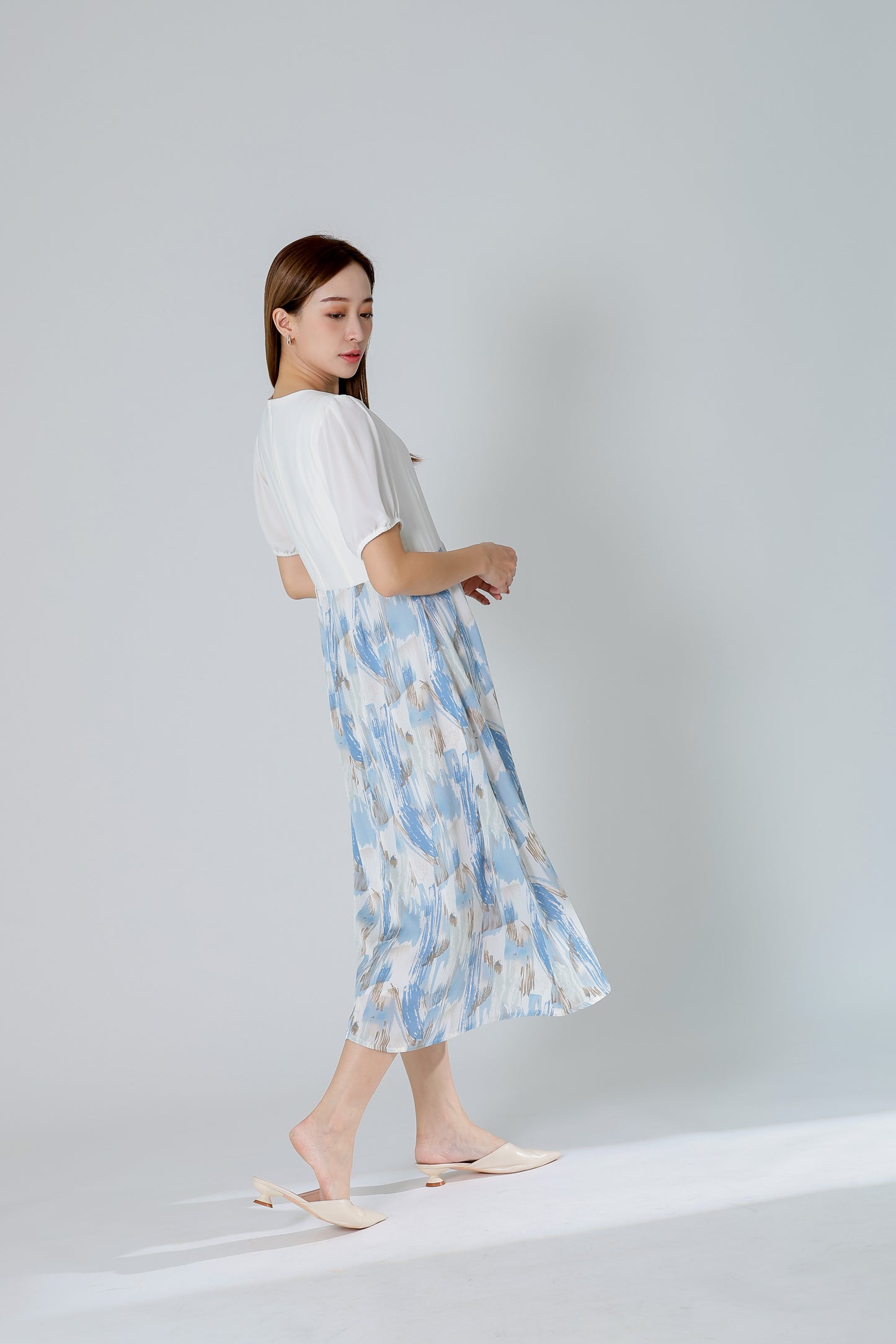 Exi Puff Sleeve Midi Dress - Ivory/Blue