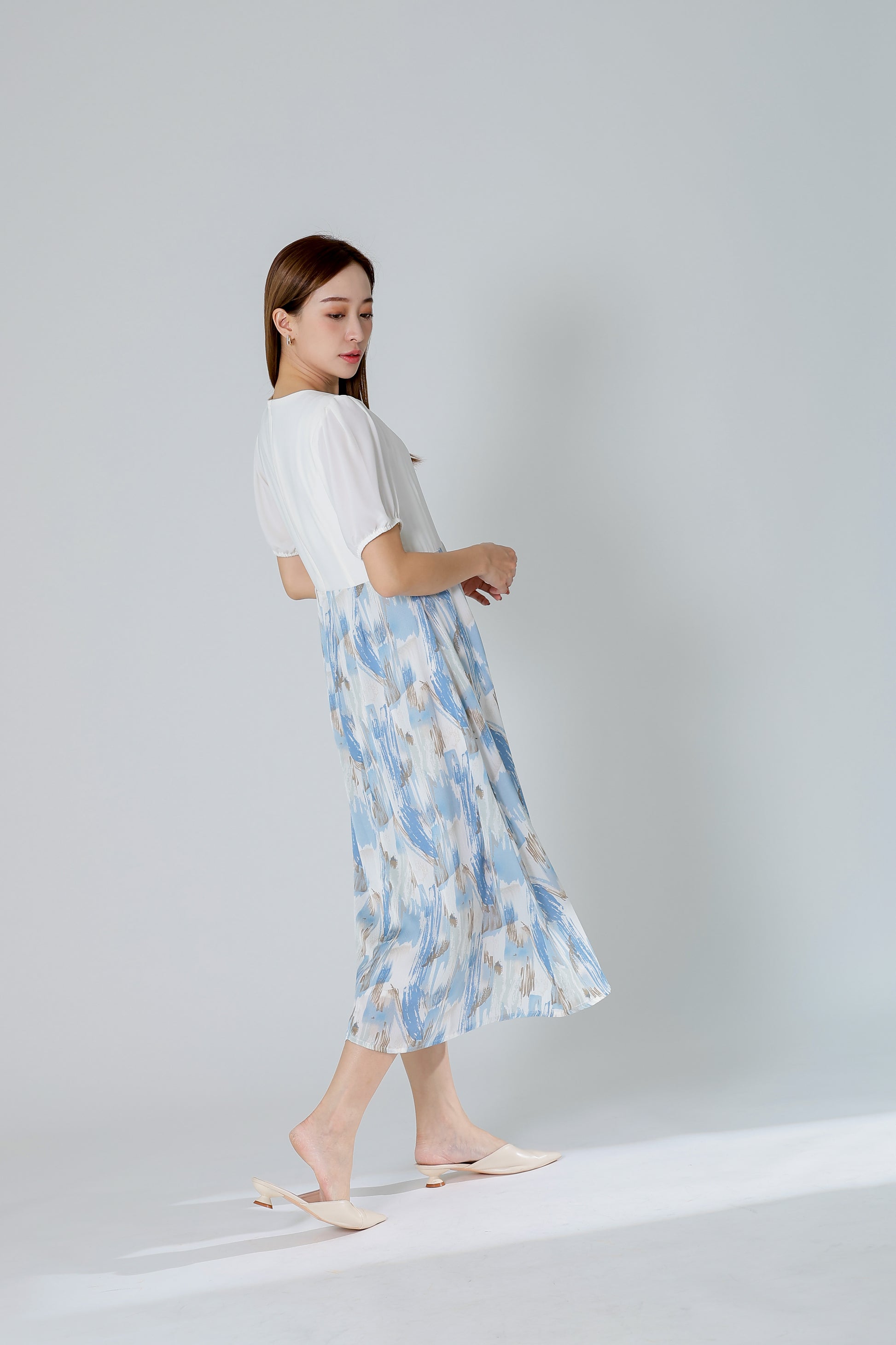 Exi Puff Sleeve Midi Dress - Ivory/Blue