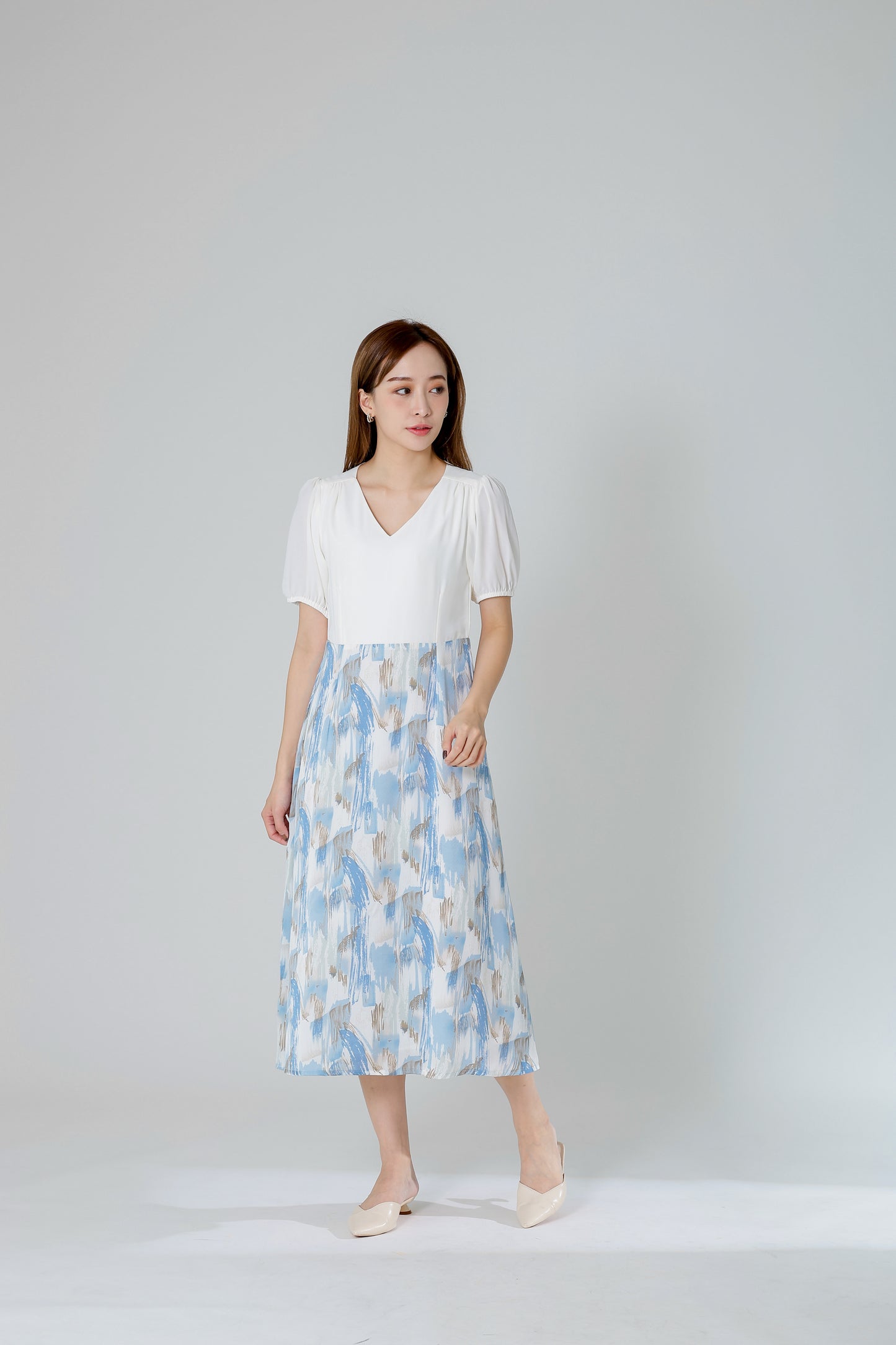 Exi Puff Sleeve Midi Dress - Ivory/Blue