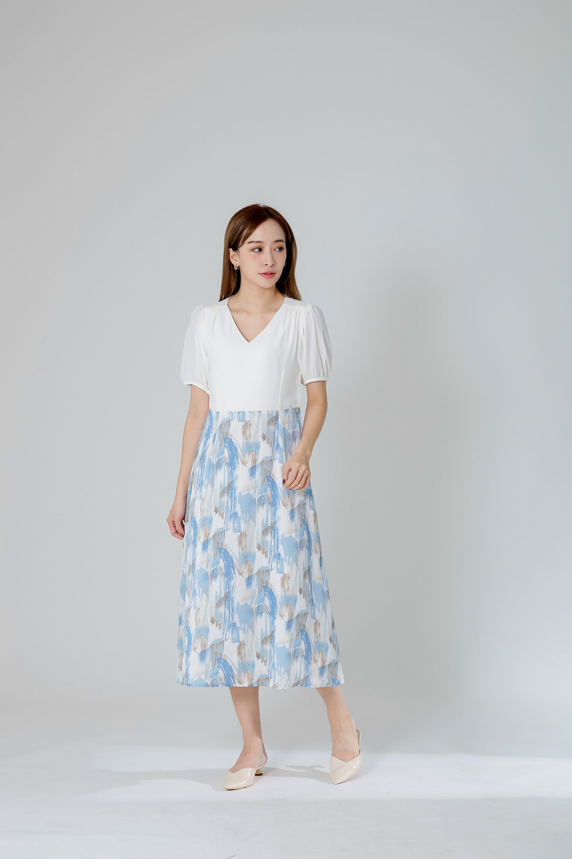 Exi Puff Sleeve Midi Dress - Ivory/Blue
