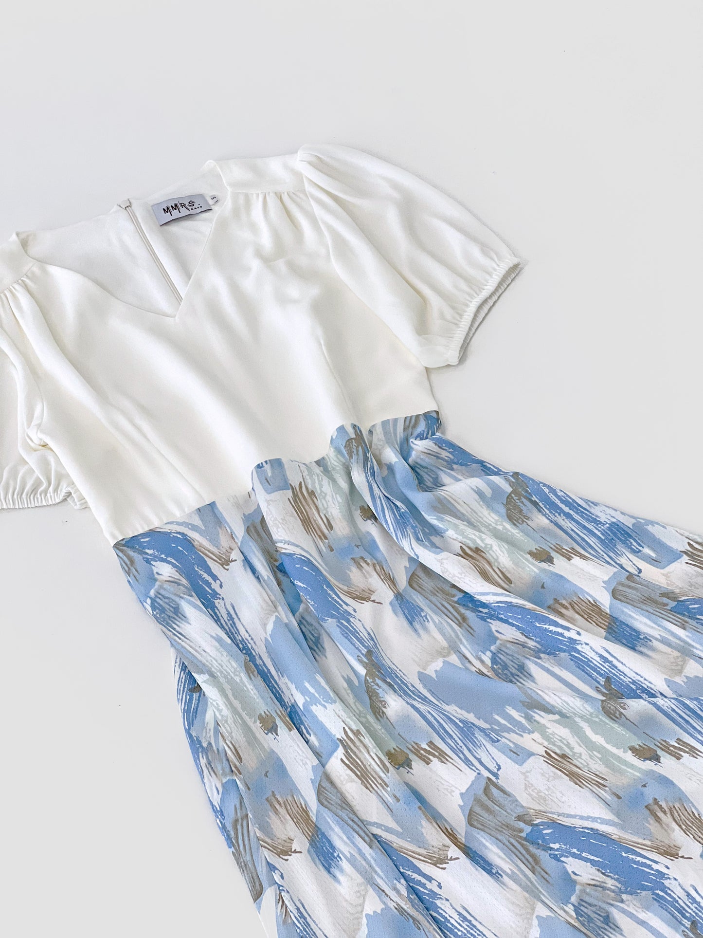 Exi Puff Sleeve Midi Dress - Ivory/Blue