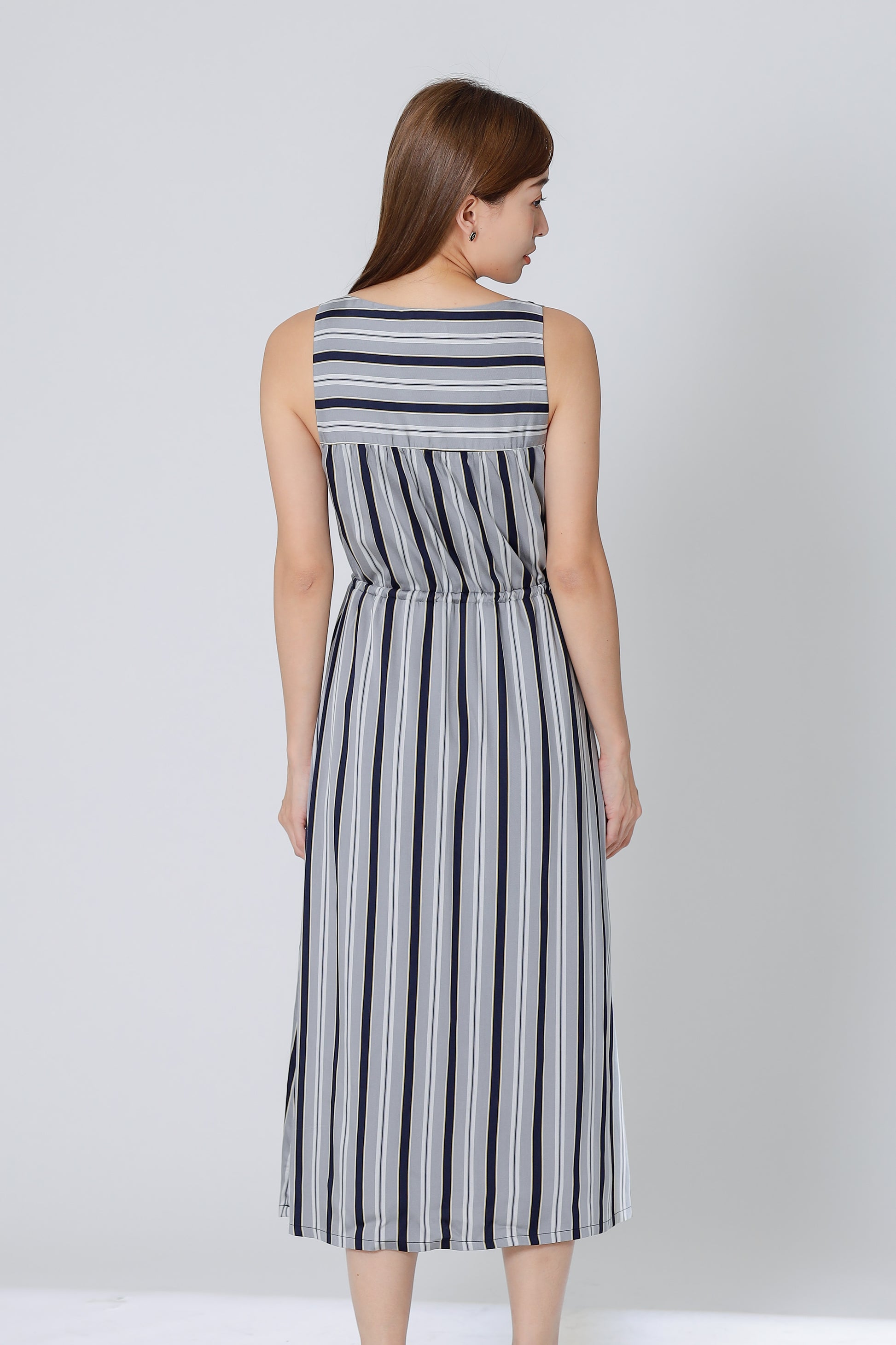 Finley Stripe Drawstring Dress - Silver/Navy