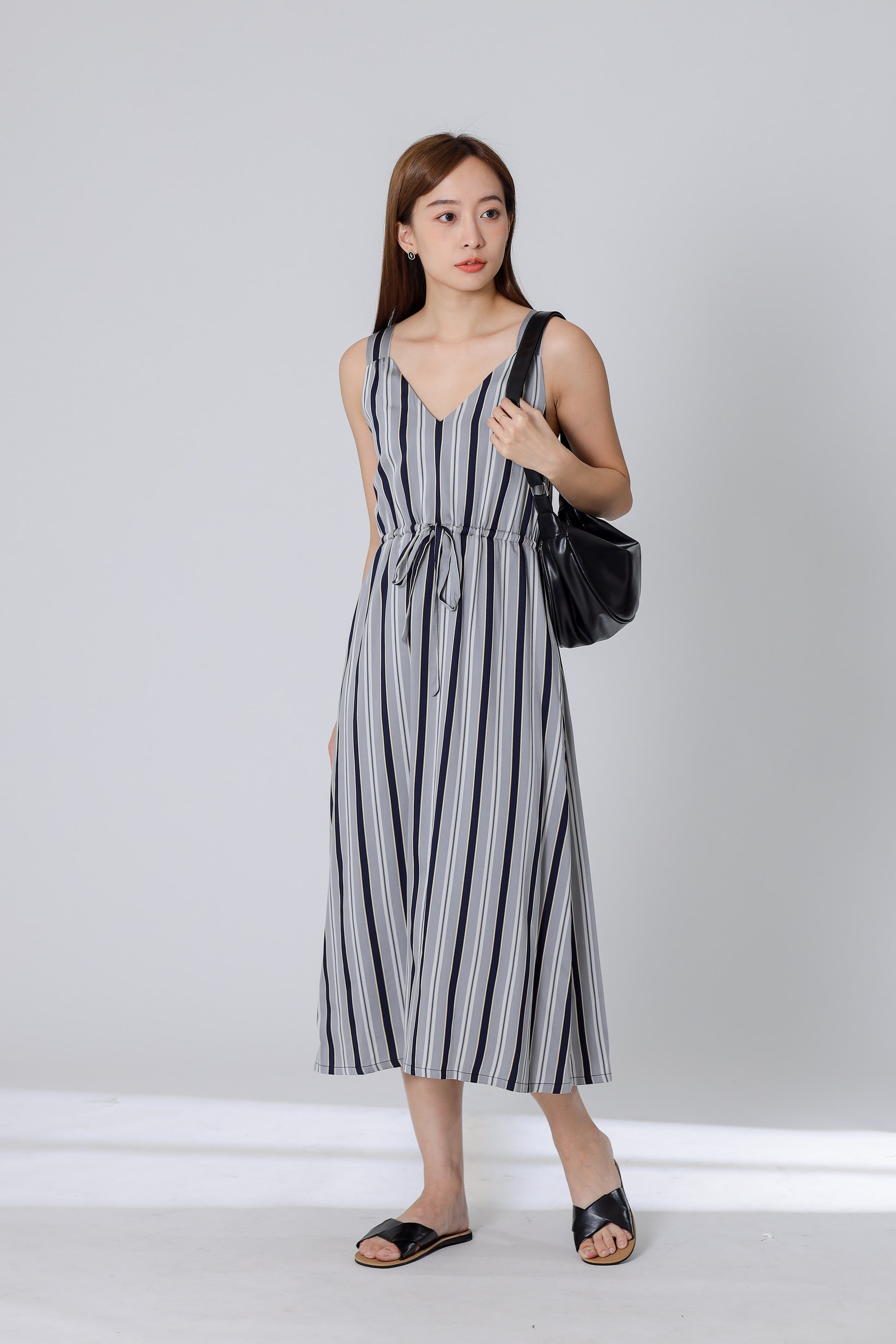 Finley Stripe Drawstring Dress - Silver/Navy
