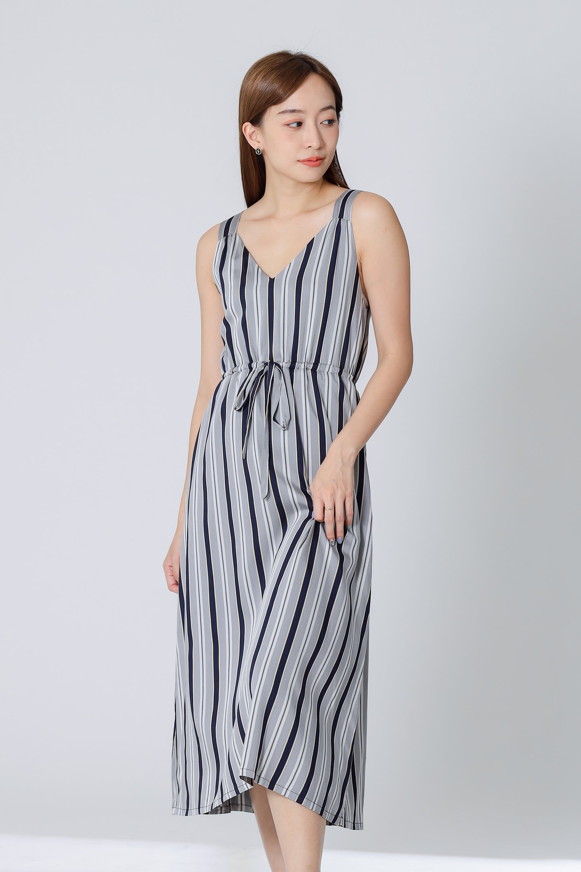 Finley Stripe Drawstring Dress - Silver/Navy