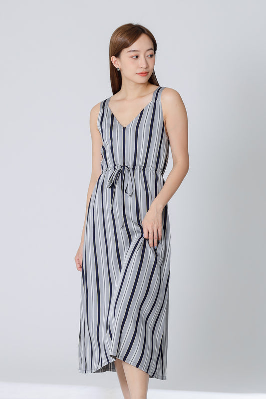 Finley Stripe Drawstring Dress - Silver/Navy
