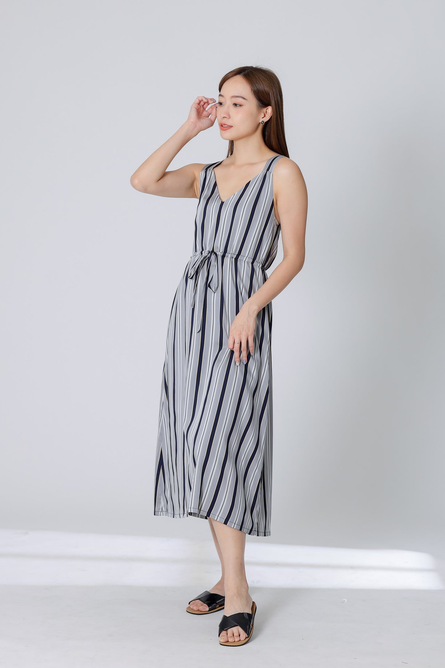 Finley Stripe Drawstring Dress - Silver/Navy