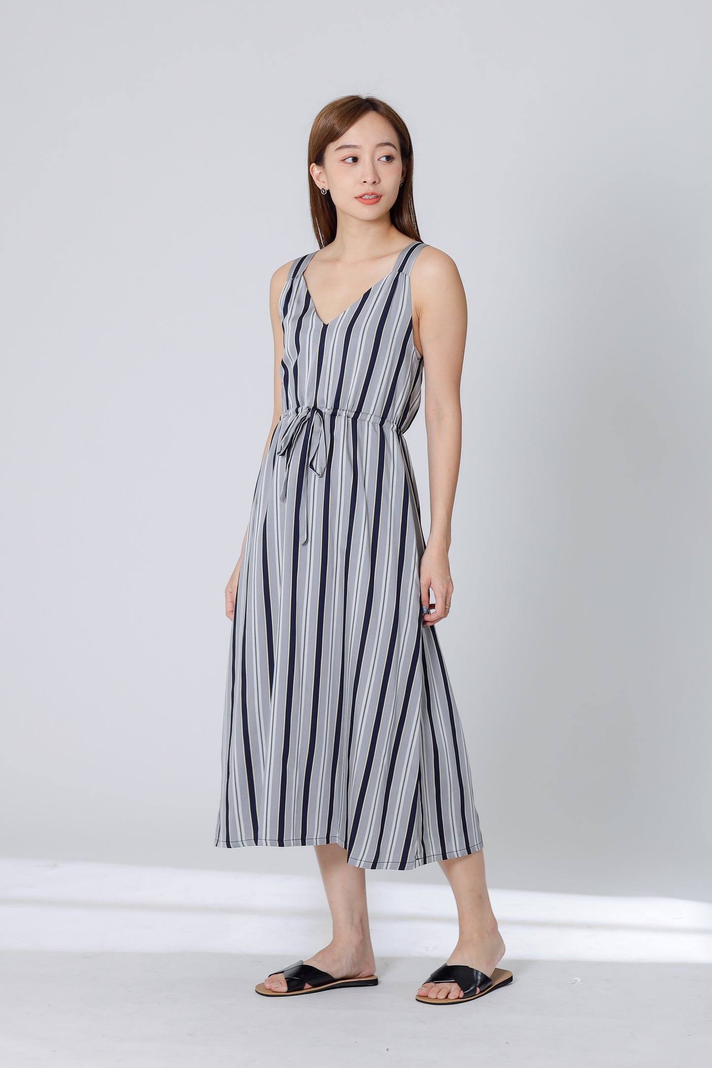 Finley Stripe Drawstring Dress - Silver/Navy
