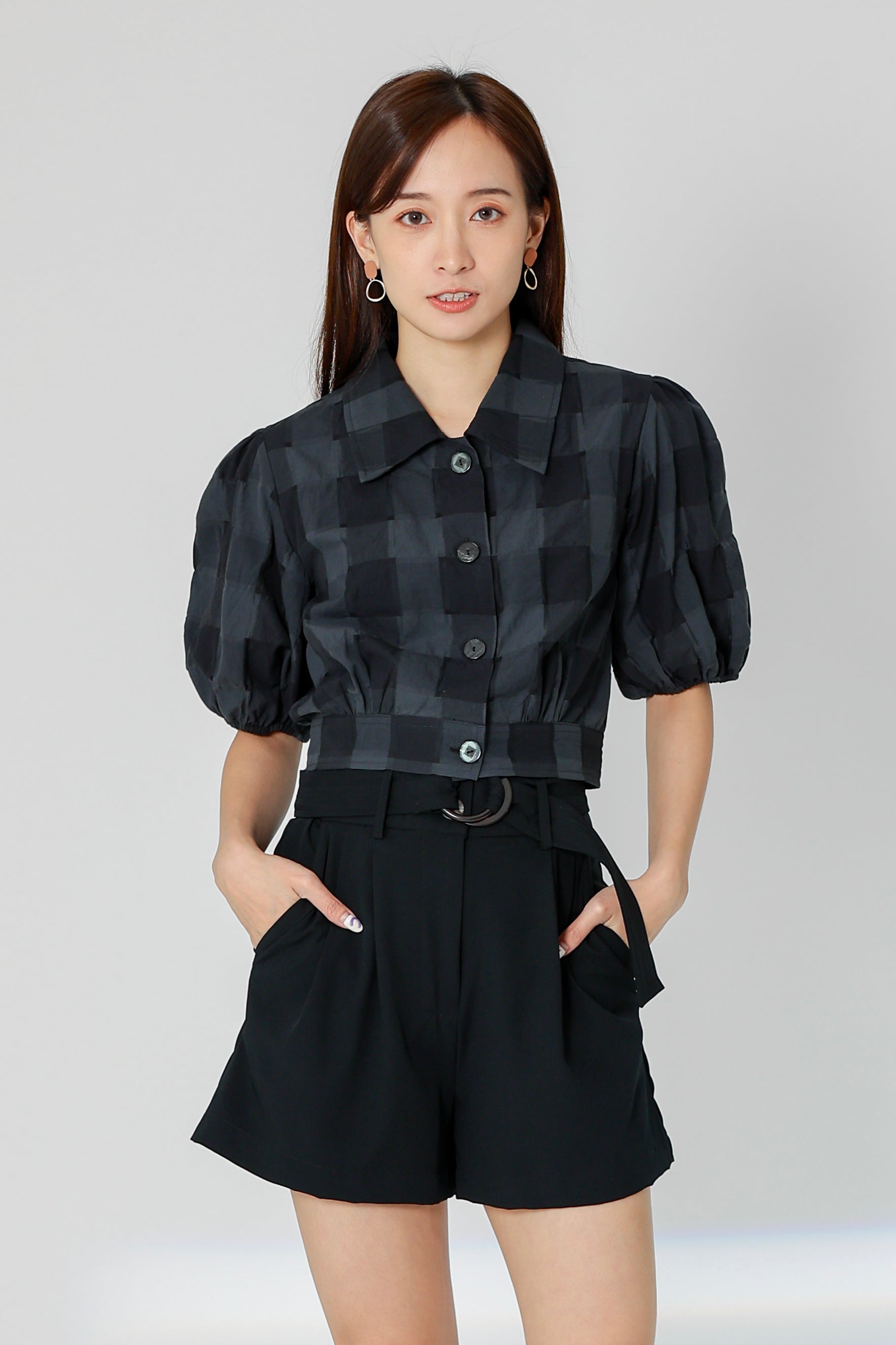 Gabby Tartan Cropped Blouse - Black