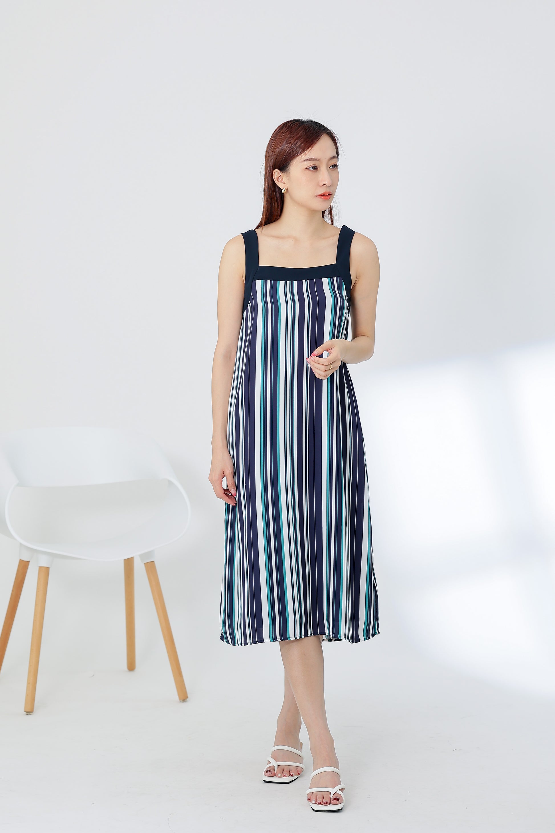 Genna Square Neck Midi Dress - Stripes
