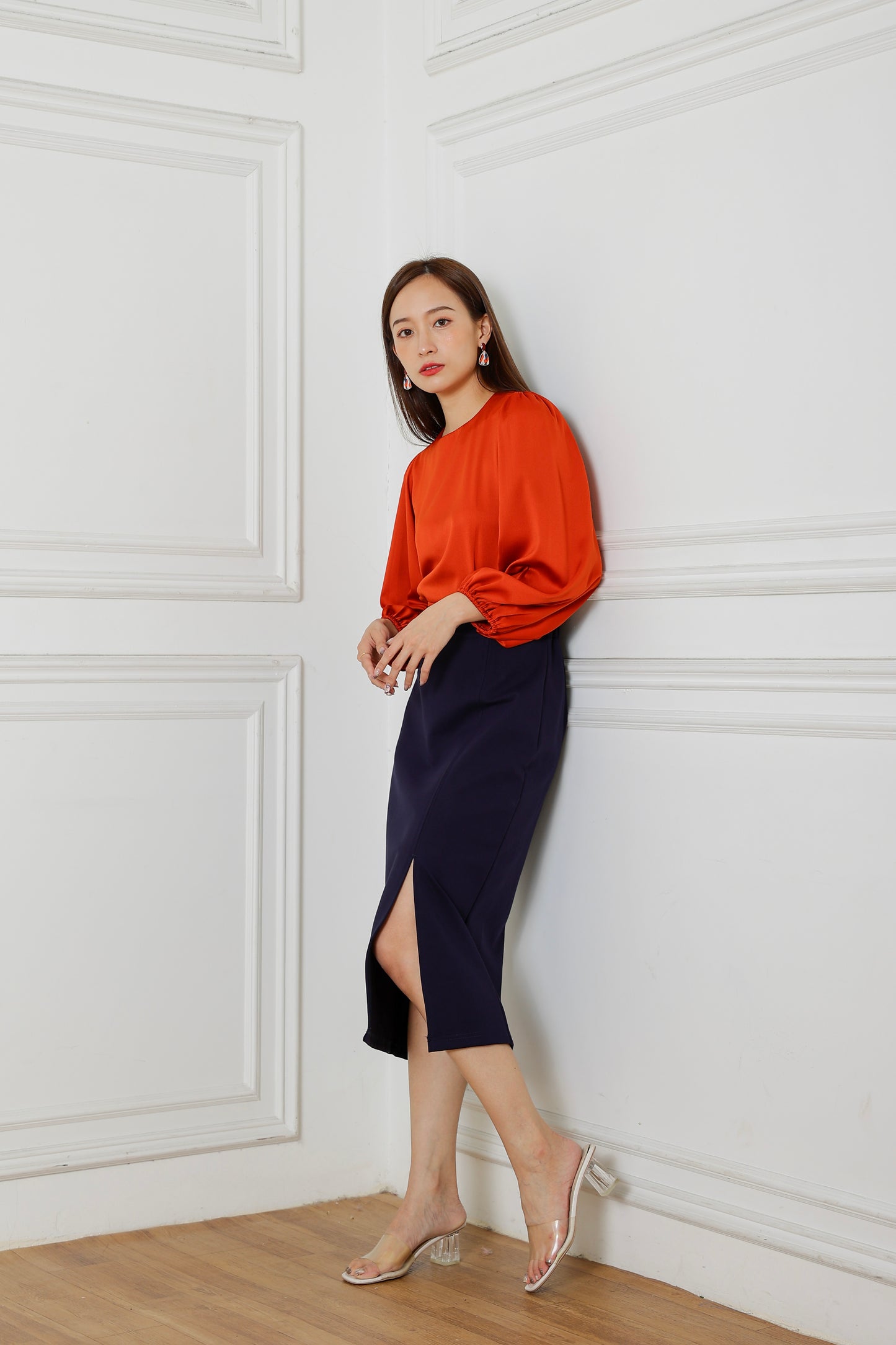 Kaci Midi Skirt with Slit - Navy