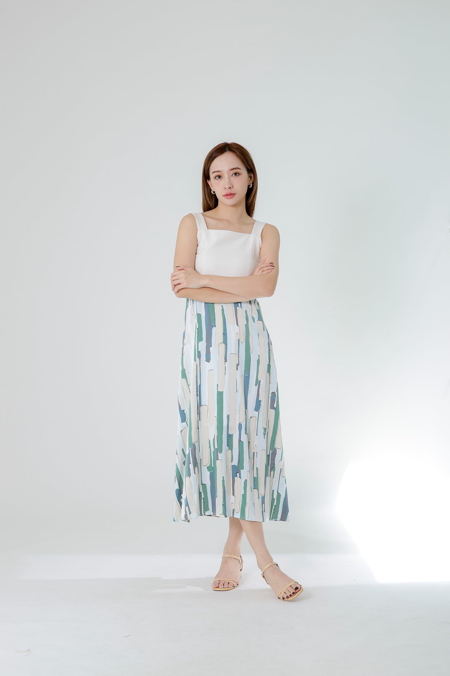 Gwen Square Neck Colour Block Dress - Cream/Green