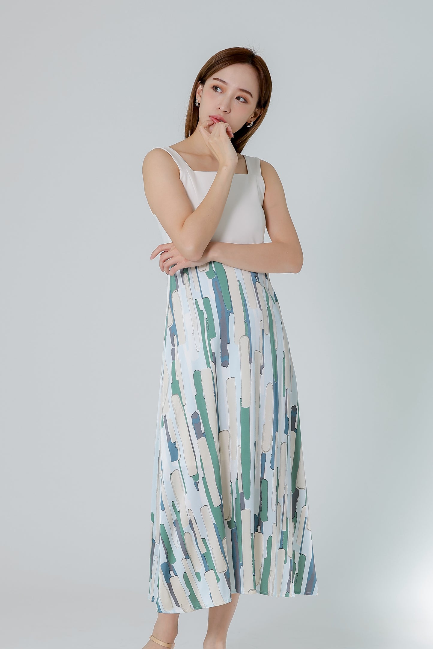 Gwen Square Neck Colour Block Dress - Cream/Green