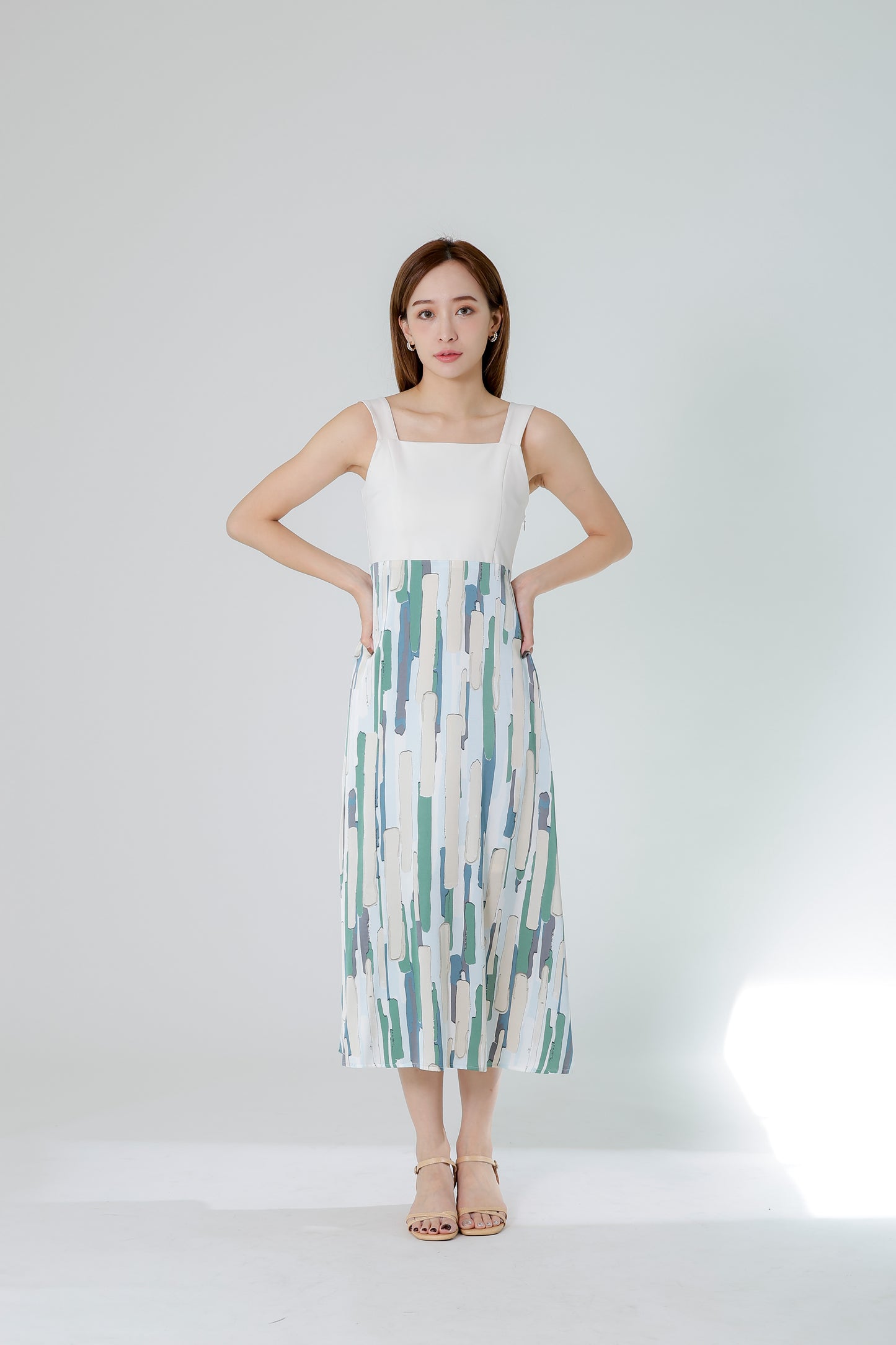 Gwen Square Neck Colour Block Dress - Cream/Green