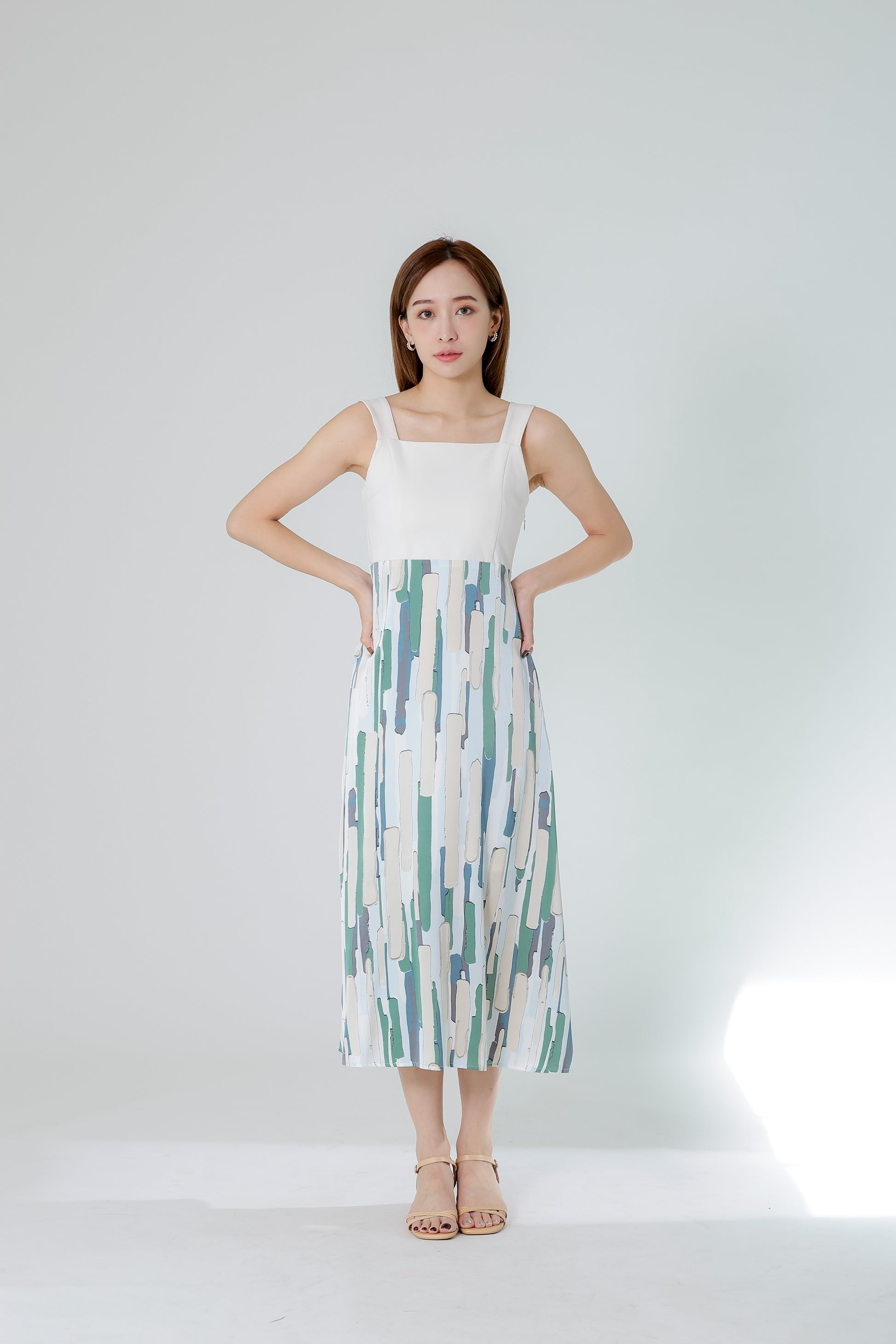 Gwen Square Neck Colour Block Dress - Cream/Green