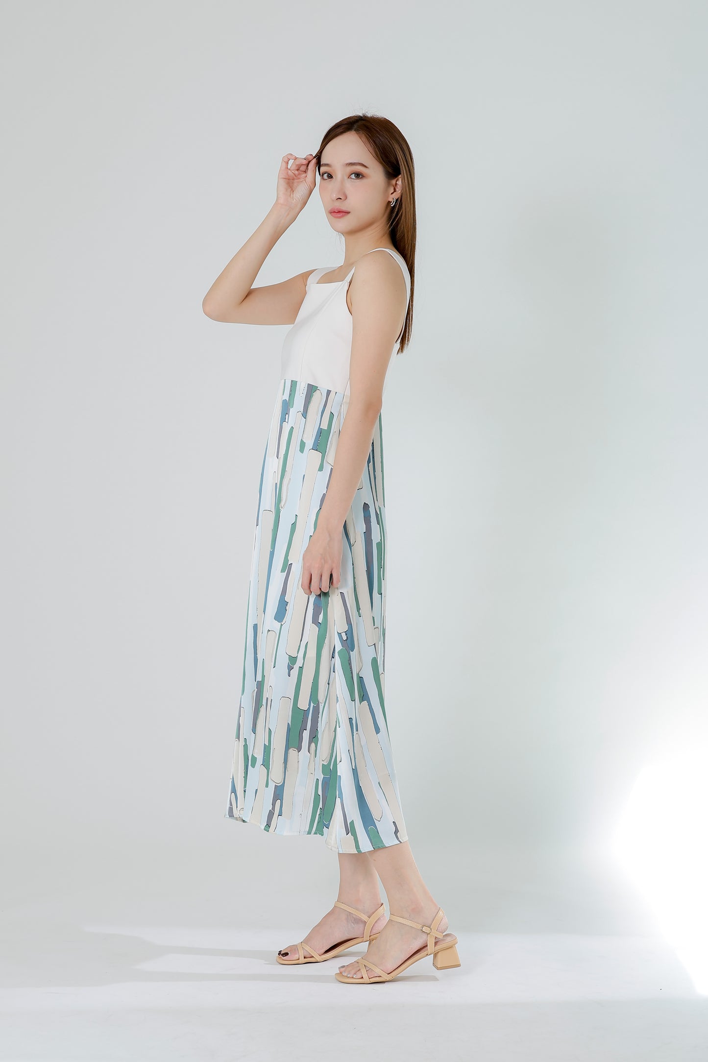 Gwen Square Neck Colour Block Dress - Cream/Green