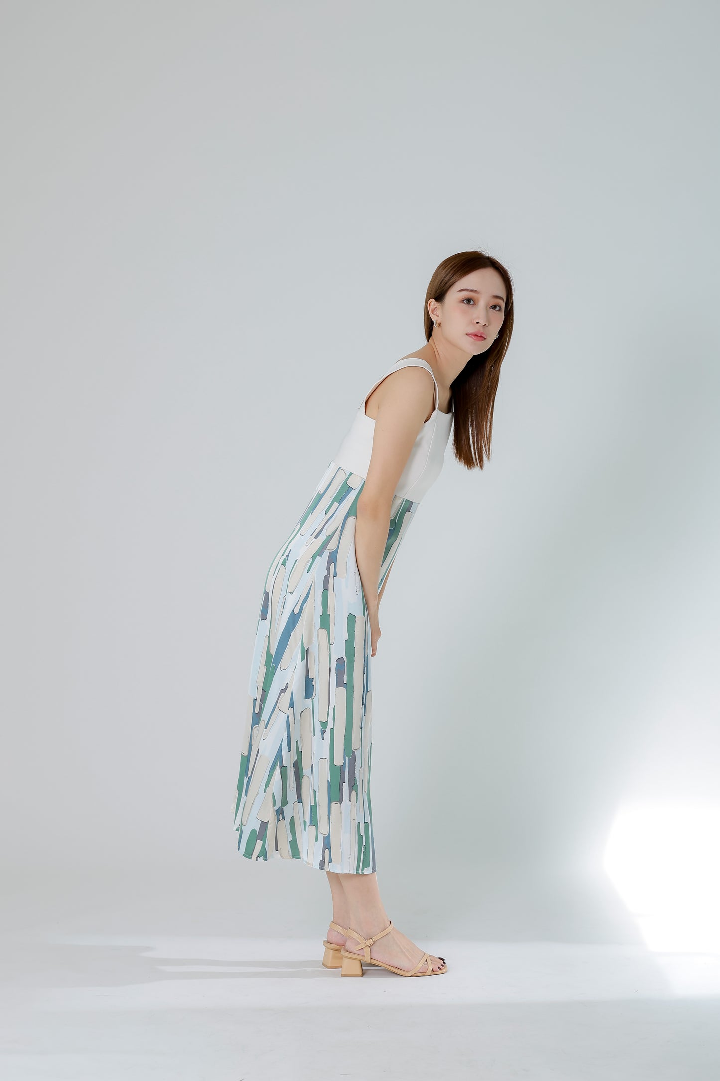 Gwen Square Neck Colour Block Dress - Cream/Green