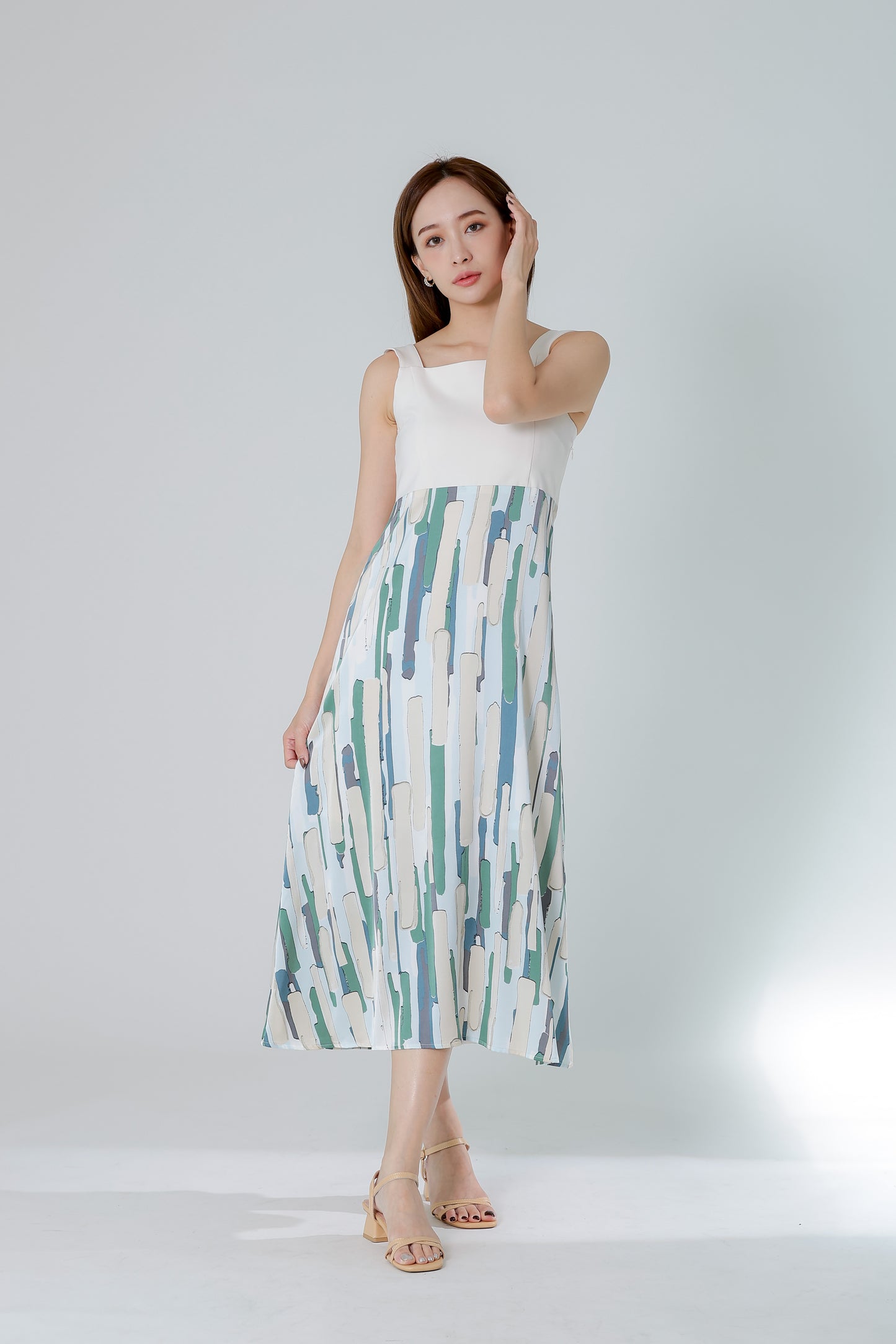 Gwen Square Neck Colour Block Dress - Cream/Green