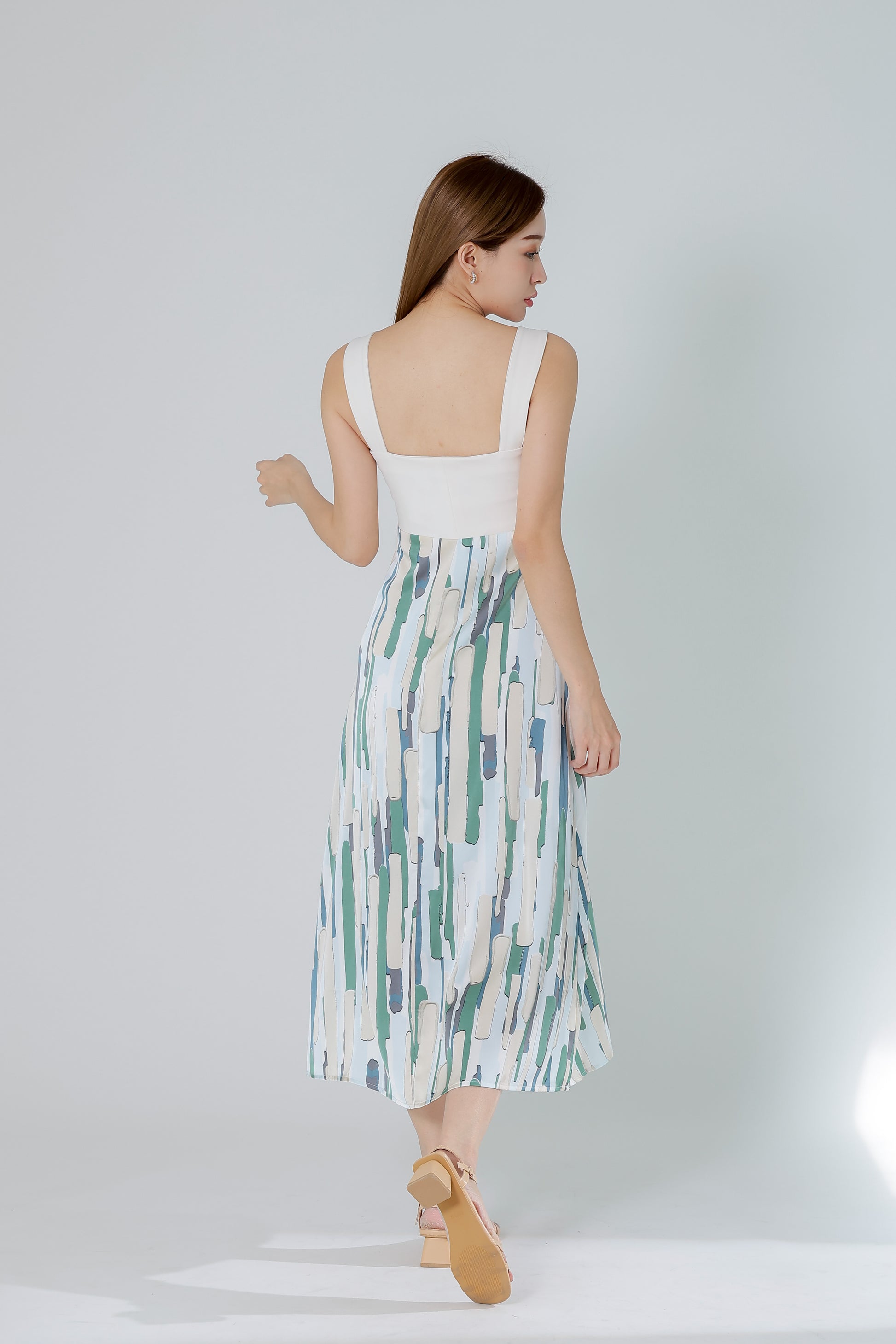 Gwen Square Neck Colour Block Dress - Cream/Green