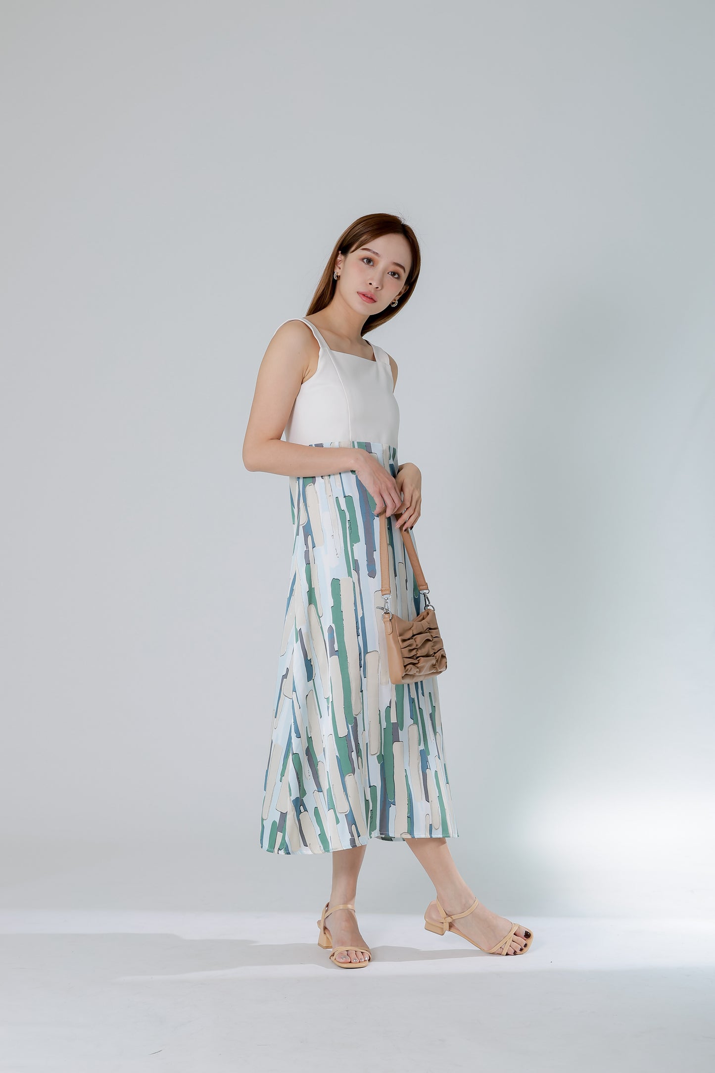 Gwen Square Neck Colour Block Dress - Cream/Green