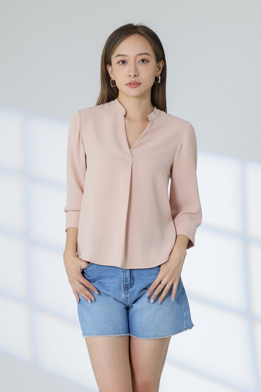 Hestia Collared V Neck Shirt - Nude