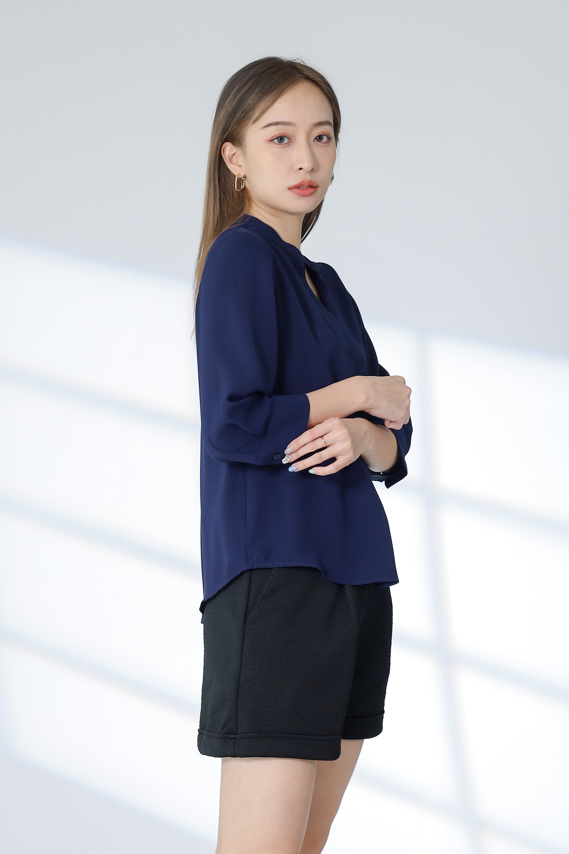 Hestia Collared V Neck Shirt - Navy