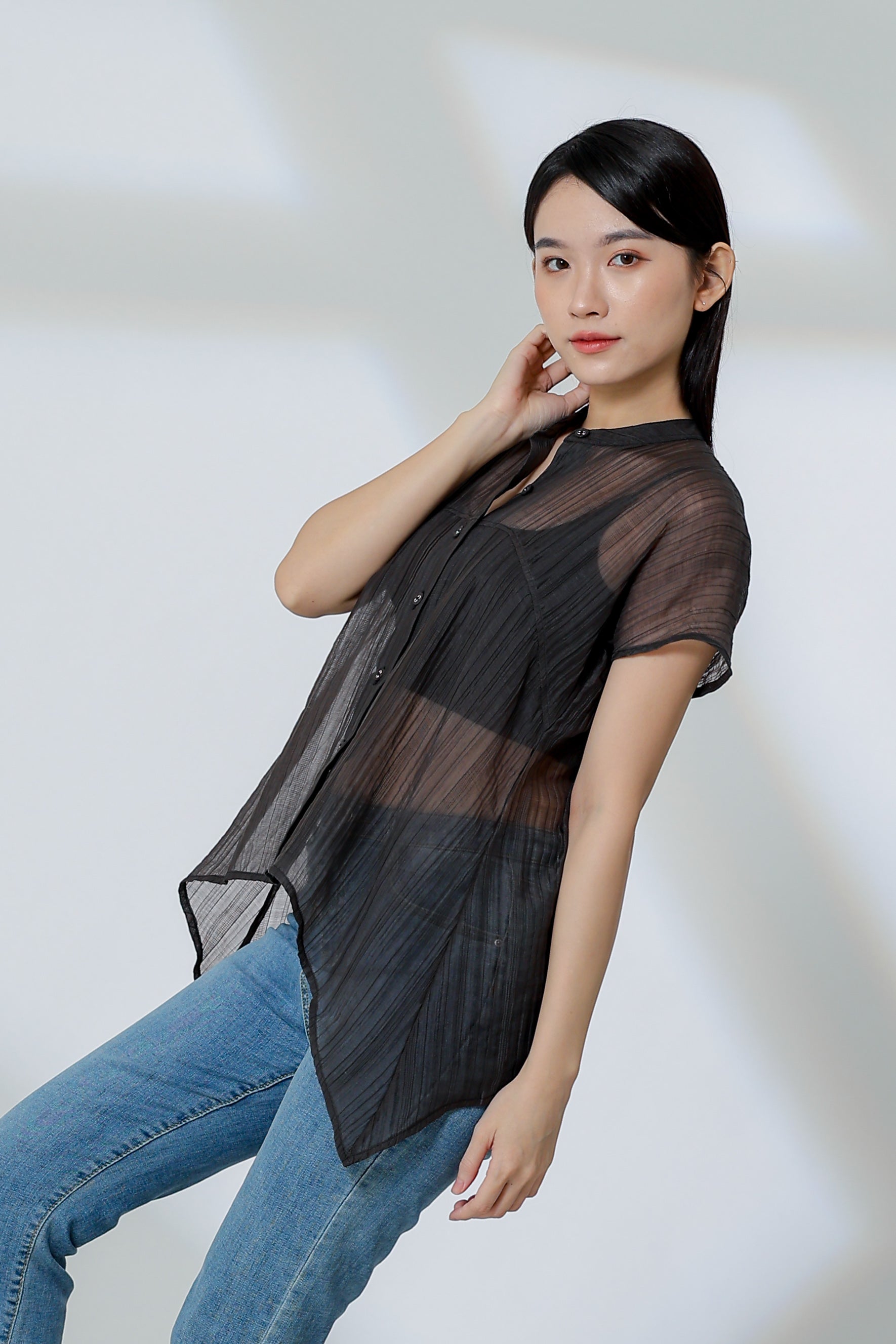 Jamie Sheer Mandrain Collar Blouse - Charcoal