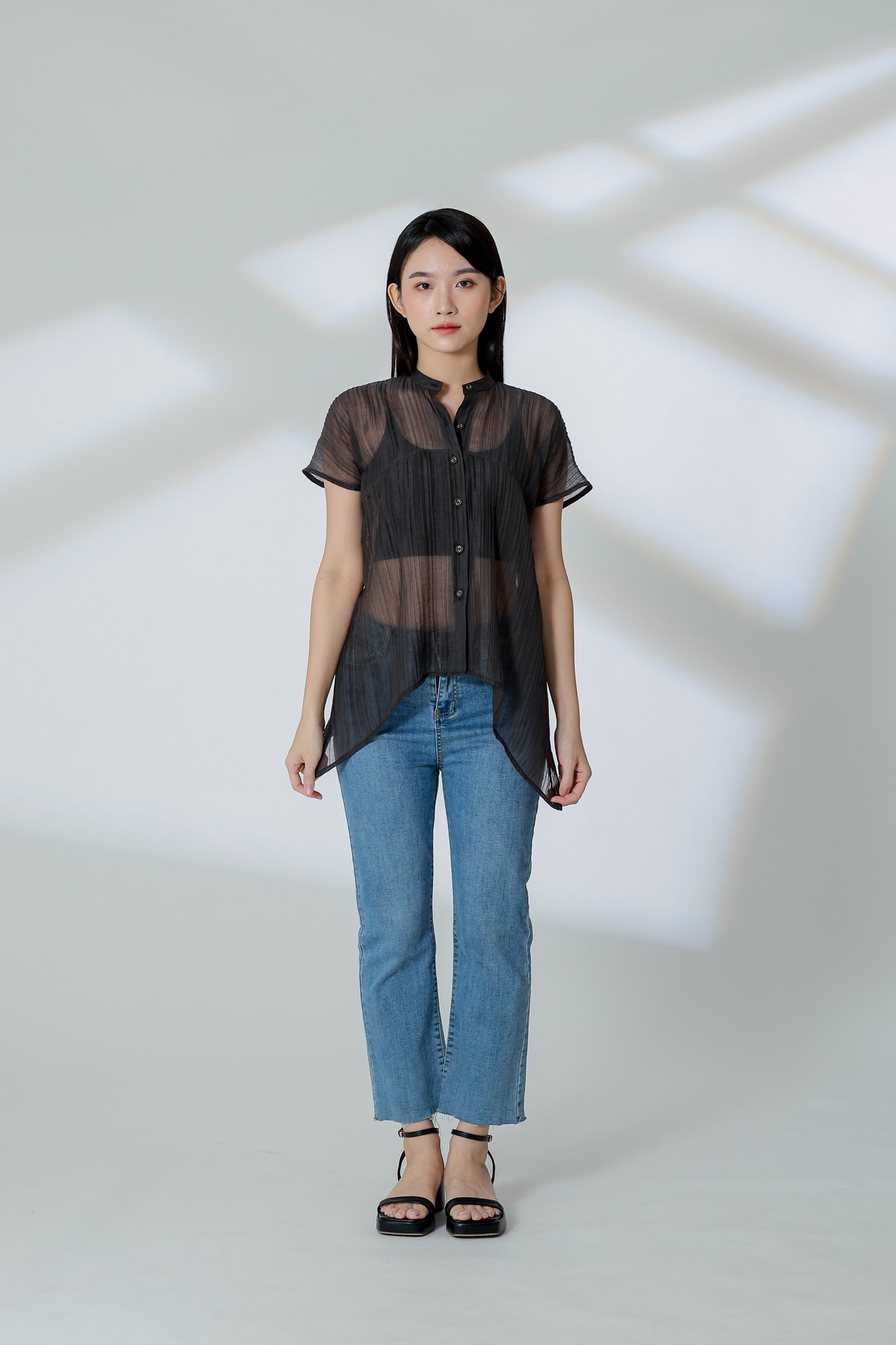 Jamie Sheer Mandrain Collar Blouse - Charcoal