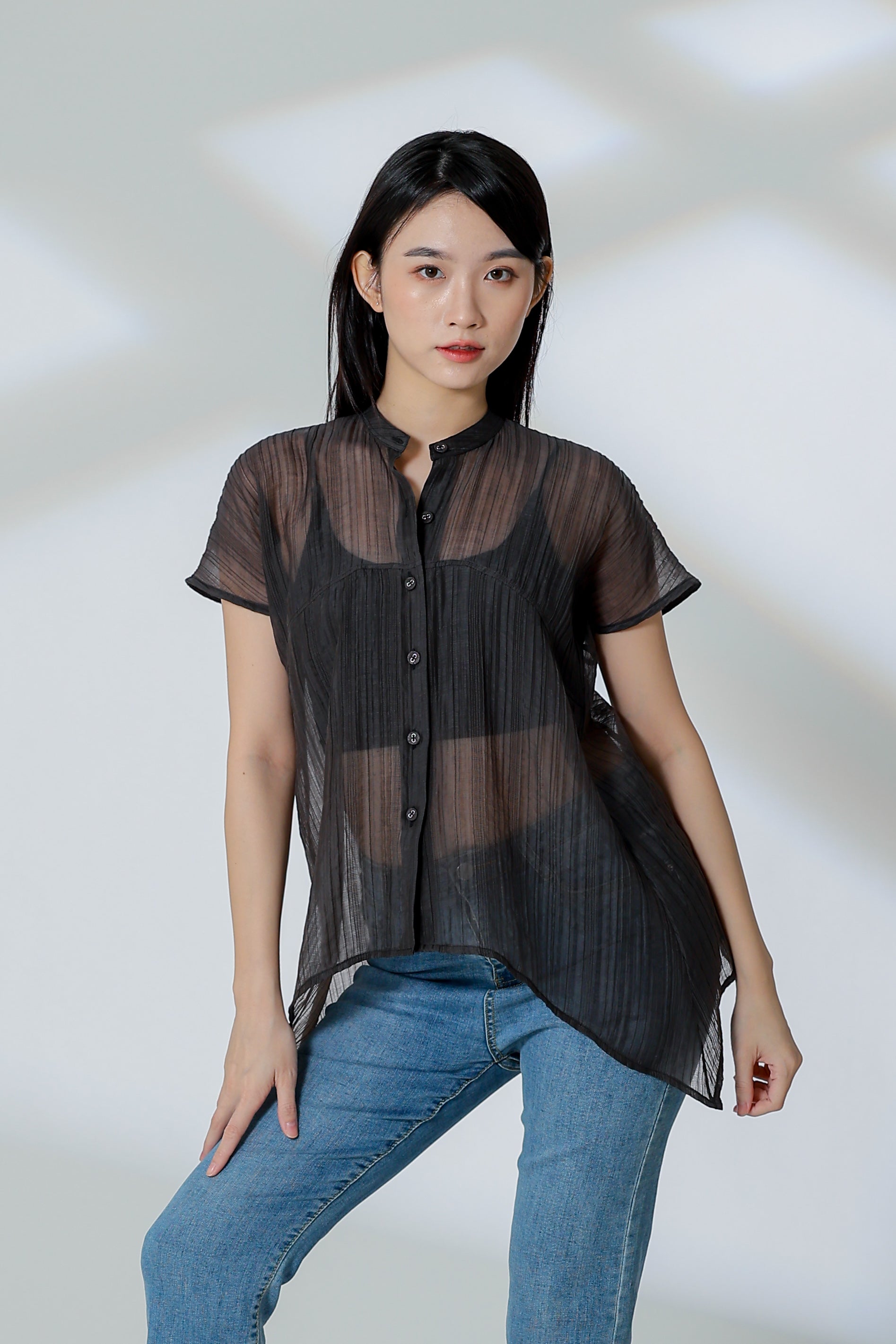 Jamie Sheer Mandrain Collar Blouse - Charcoal
