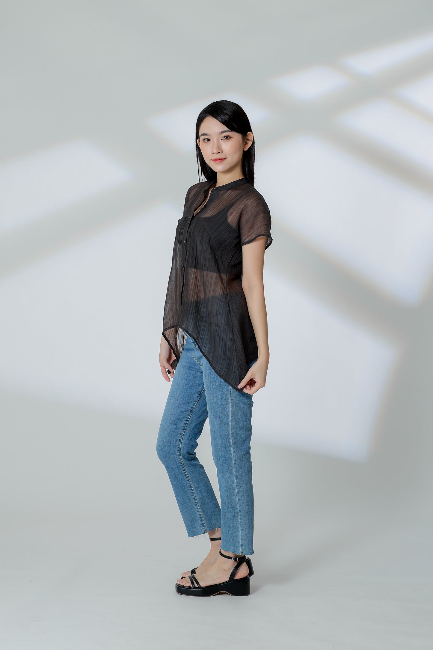 Jamie Sheer Mandrain Collar Blouse - Charcoal