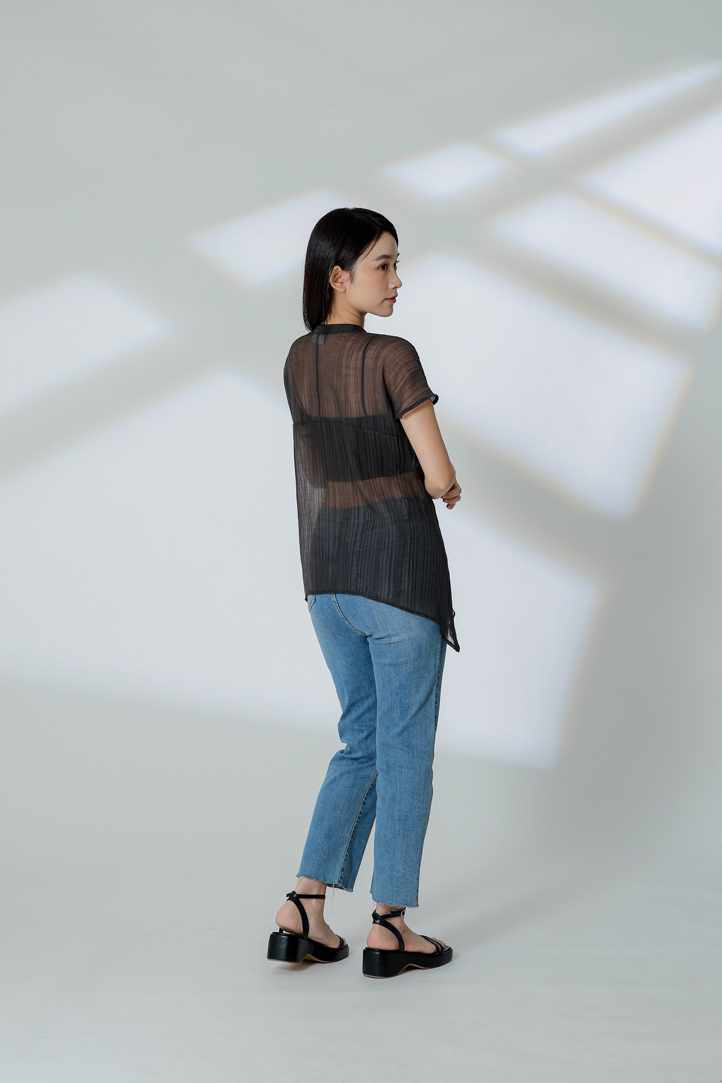 Jamie Sheer Mandrain Collar Blouse - Charcoal