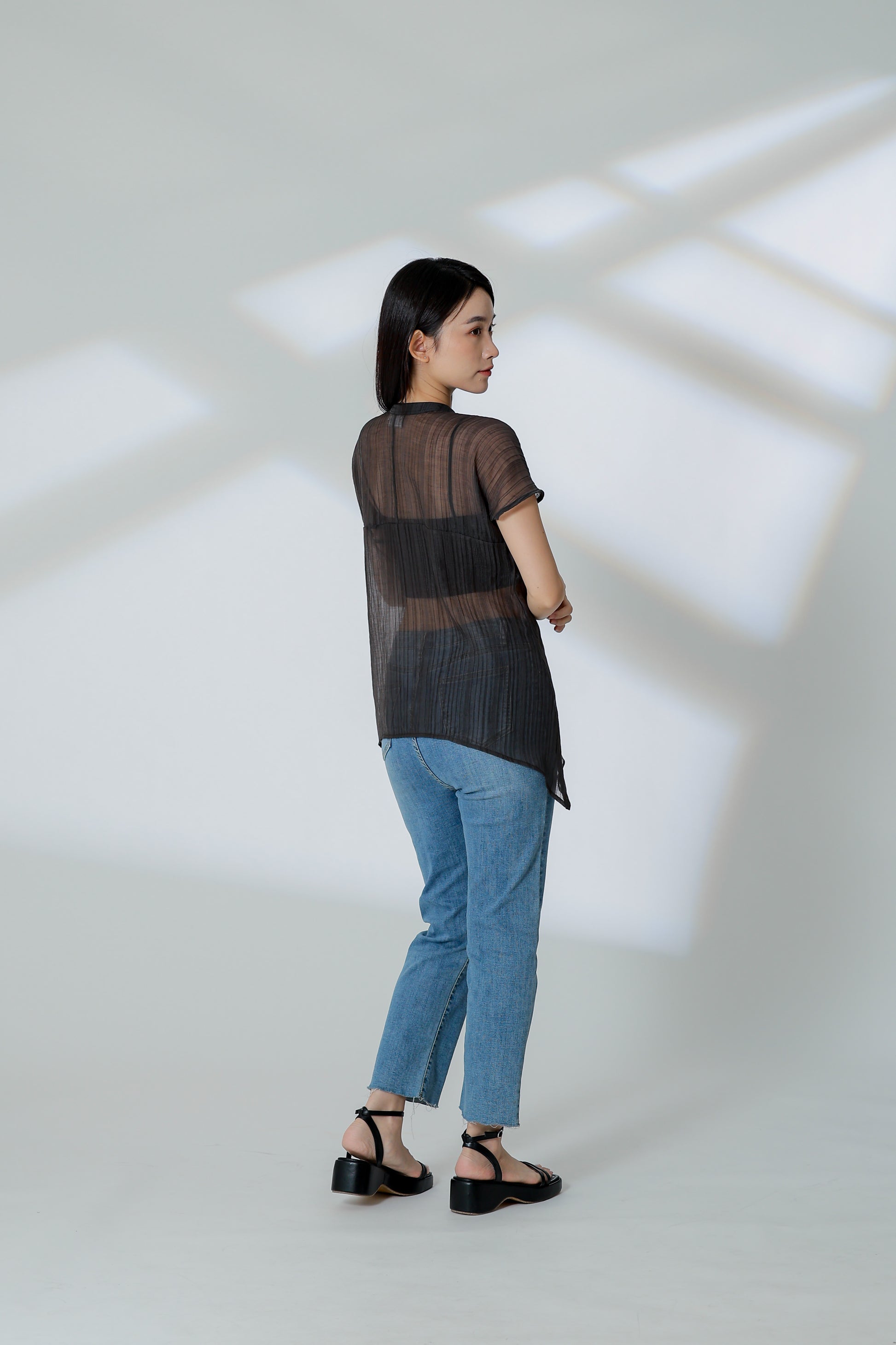Jamie Sheer Mandrain Collar Blouse - Charcoal