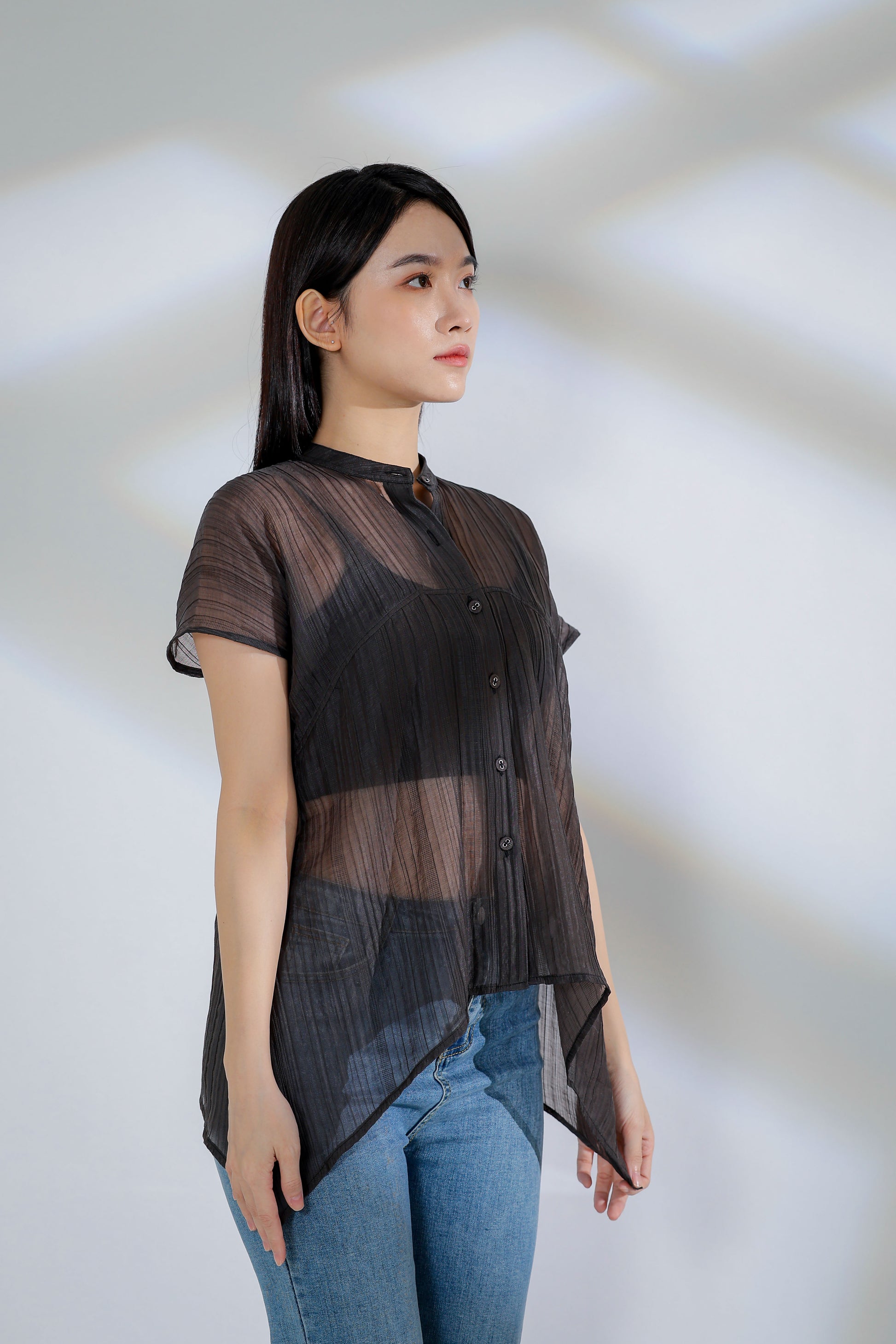 Jamie Sheer Mandrain Collar Blouse - Charcoal