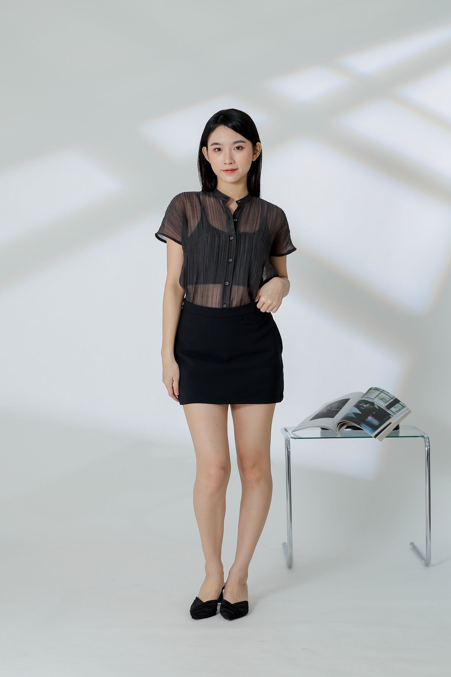 Jamie Sheer Mandrain Collar Blouse - Charcoal