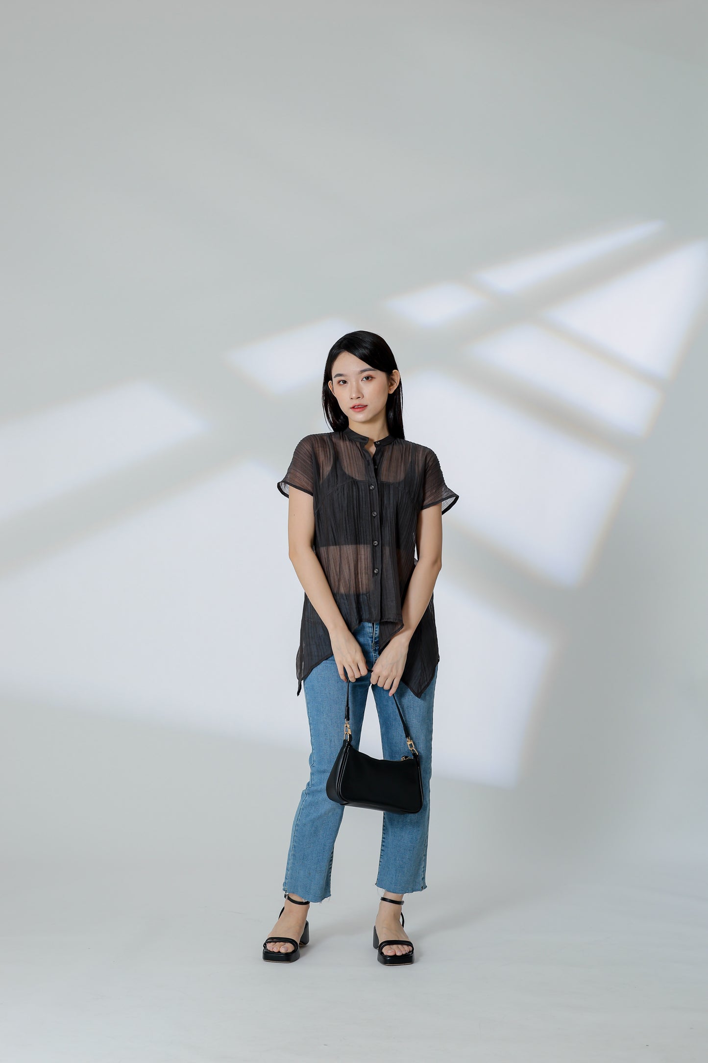 Jamie Sheer Mandrain Collar Blouse - Charcoal