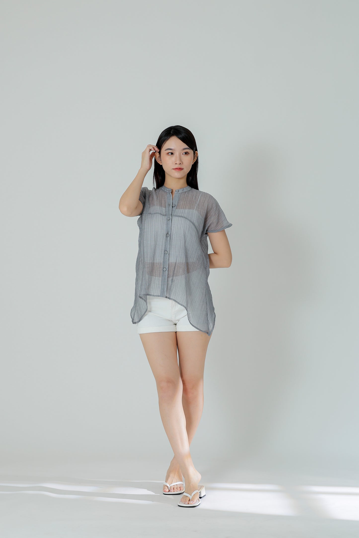 Jamie Sheer Mandrain Collar Blouse - Grey