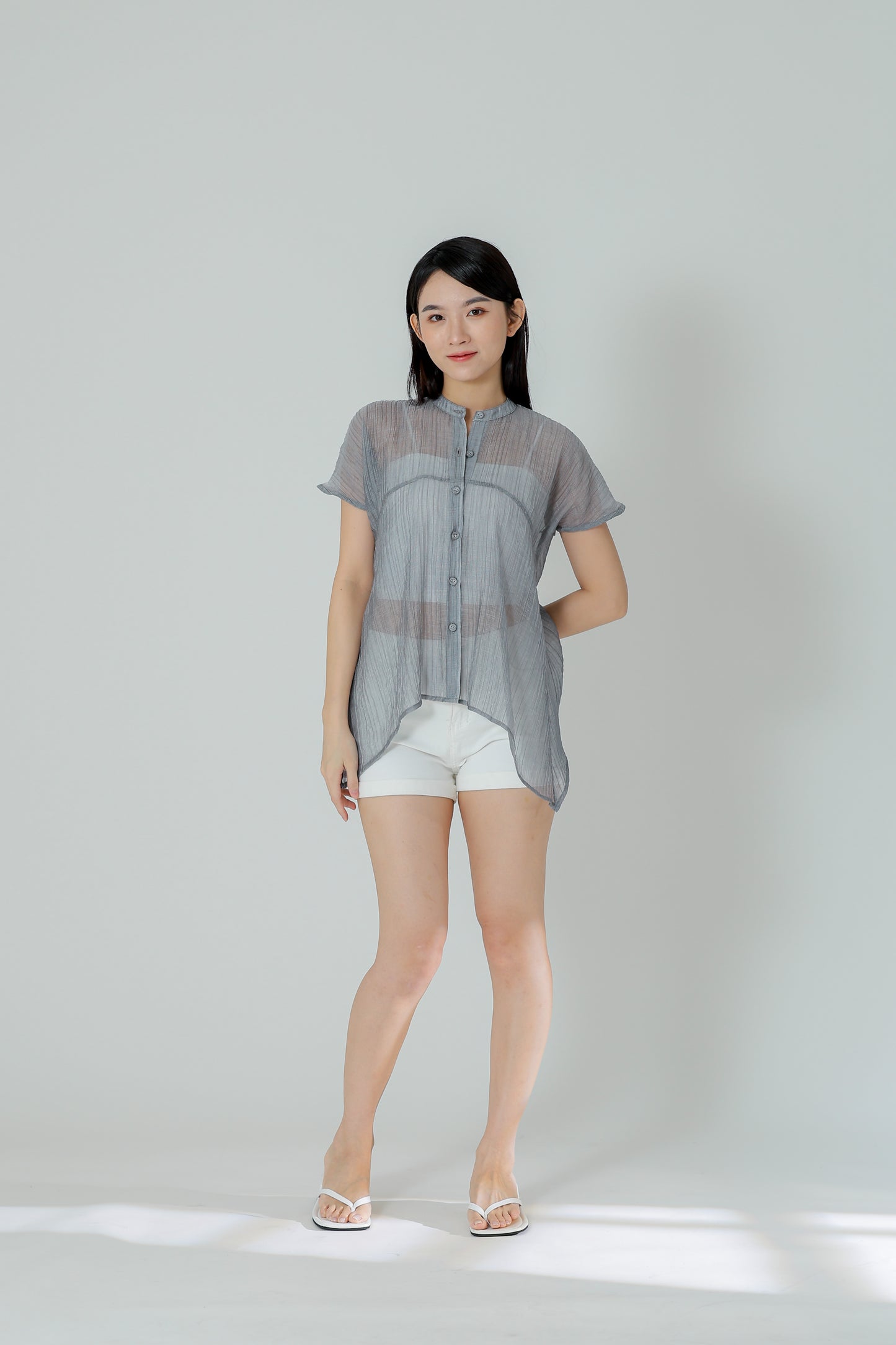 Jamie Sheer Mandrain Collar Blouse - Grey