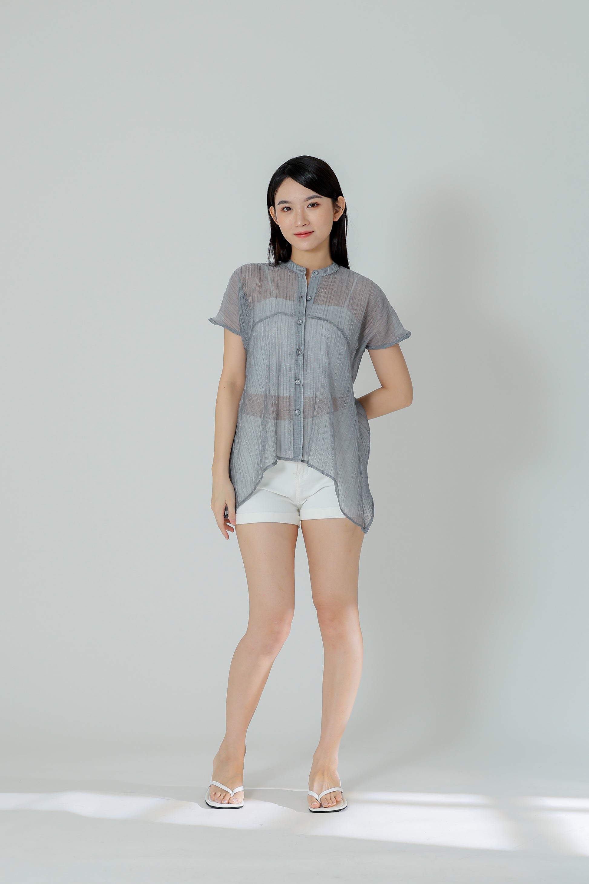 Jamie Sheer Mandrain Collar Blouse - Grey
