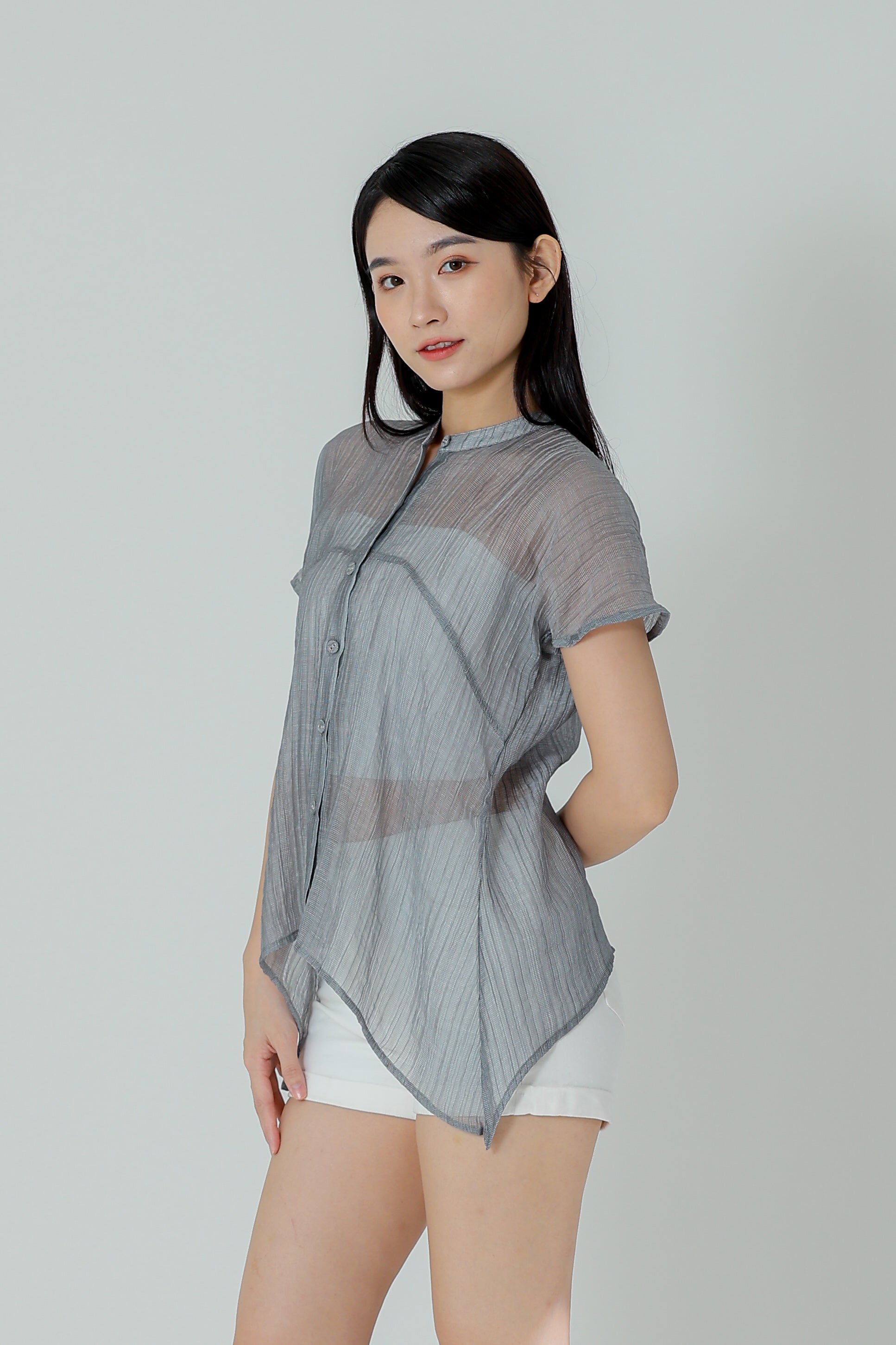 Jamie Sheer Mandrain Collar Blouse - Grey