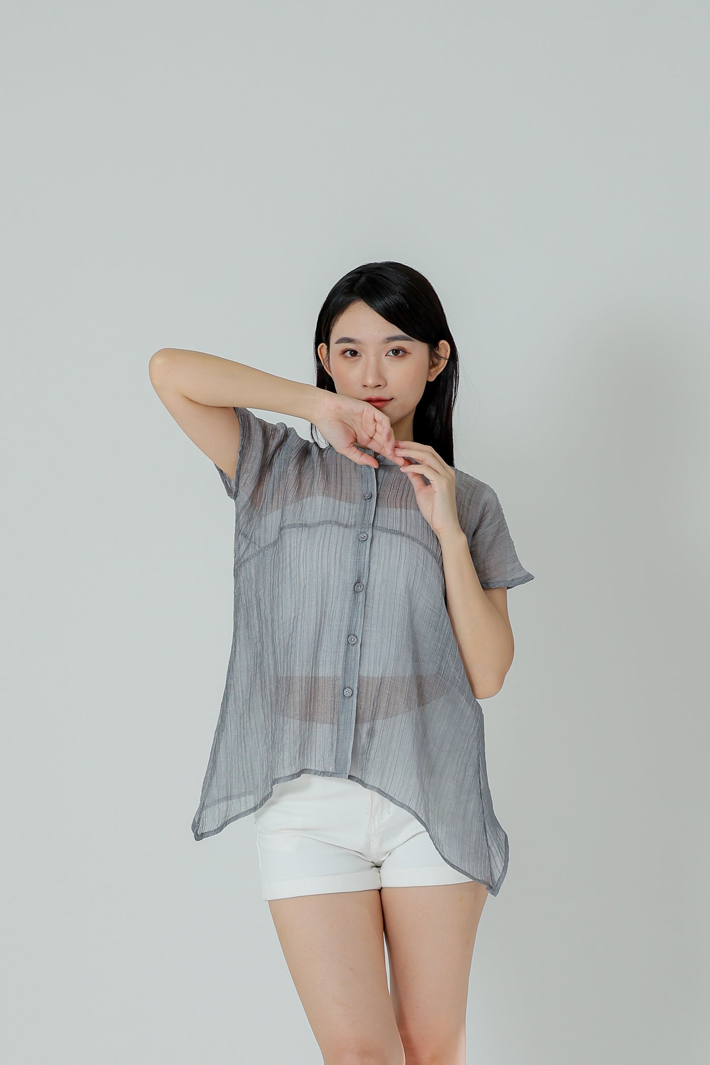 Jamie Sheer Mandrain Collar Blouse - Grey