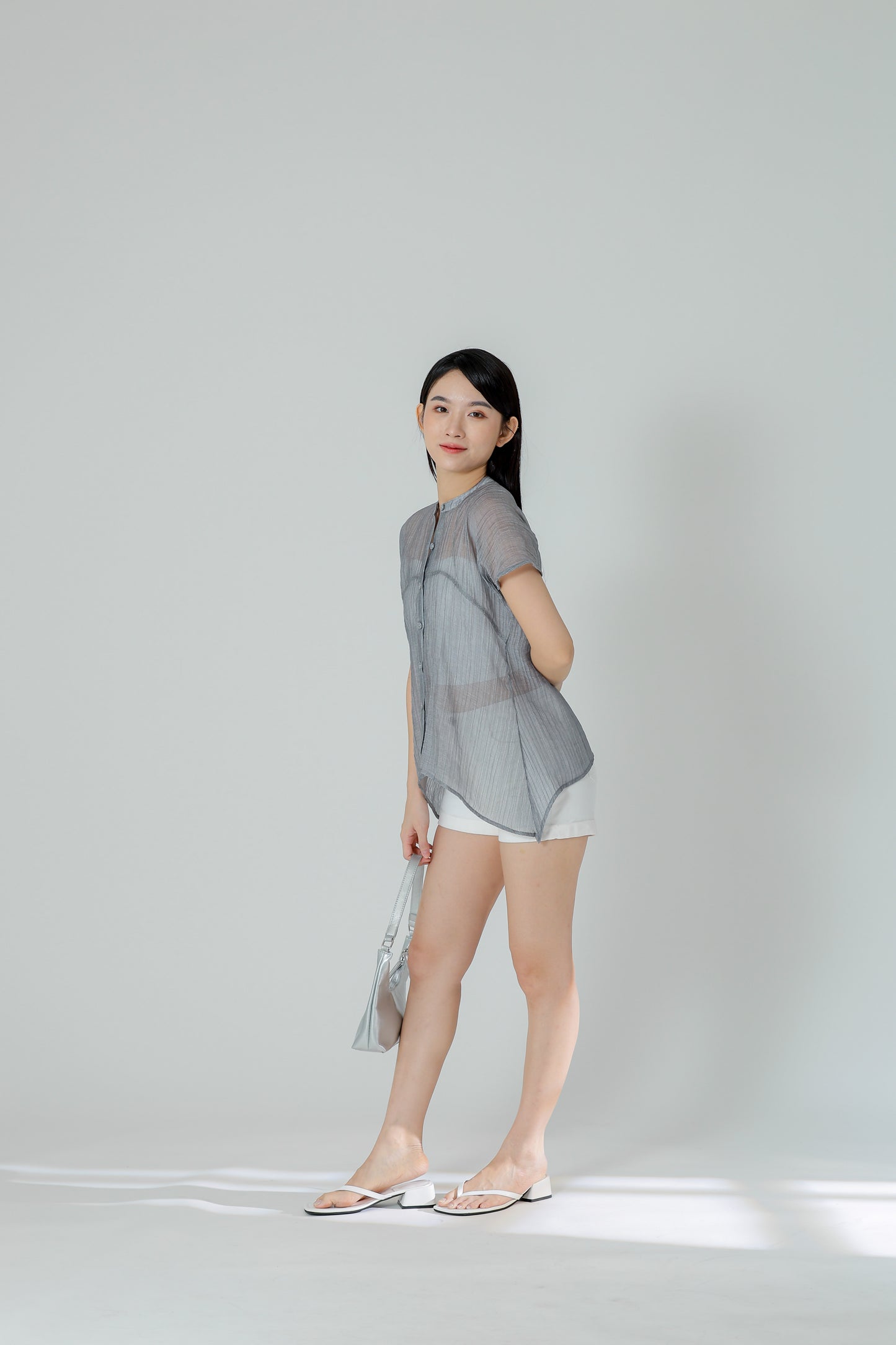 Jamie Sheer Mandrain Collar Blouse - Grey