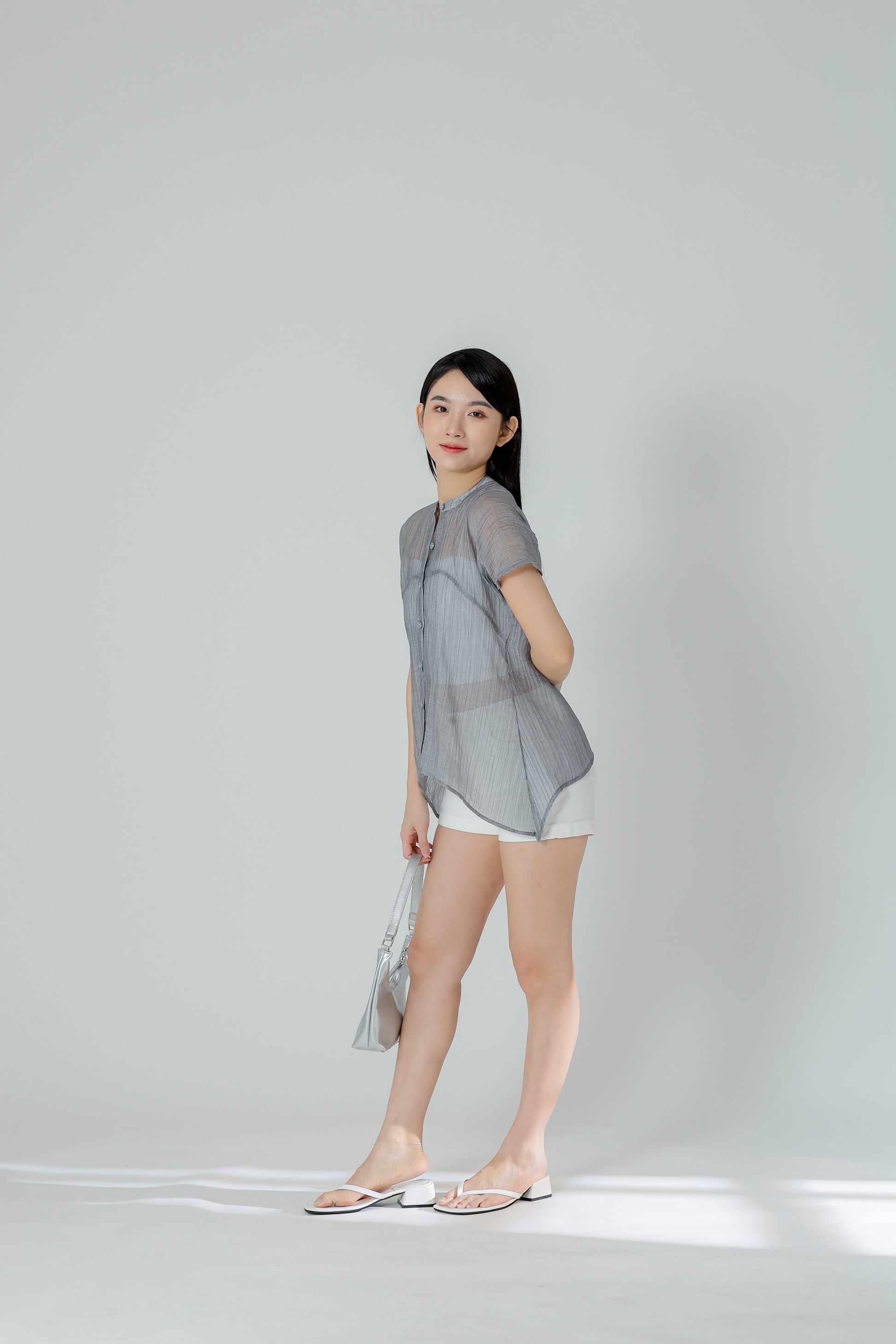 Jamie Sheer Mandrain Collar Blouse - Grey