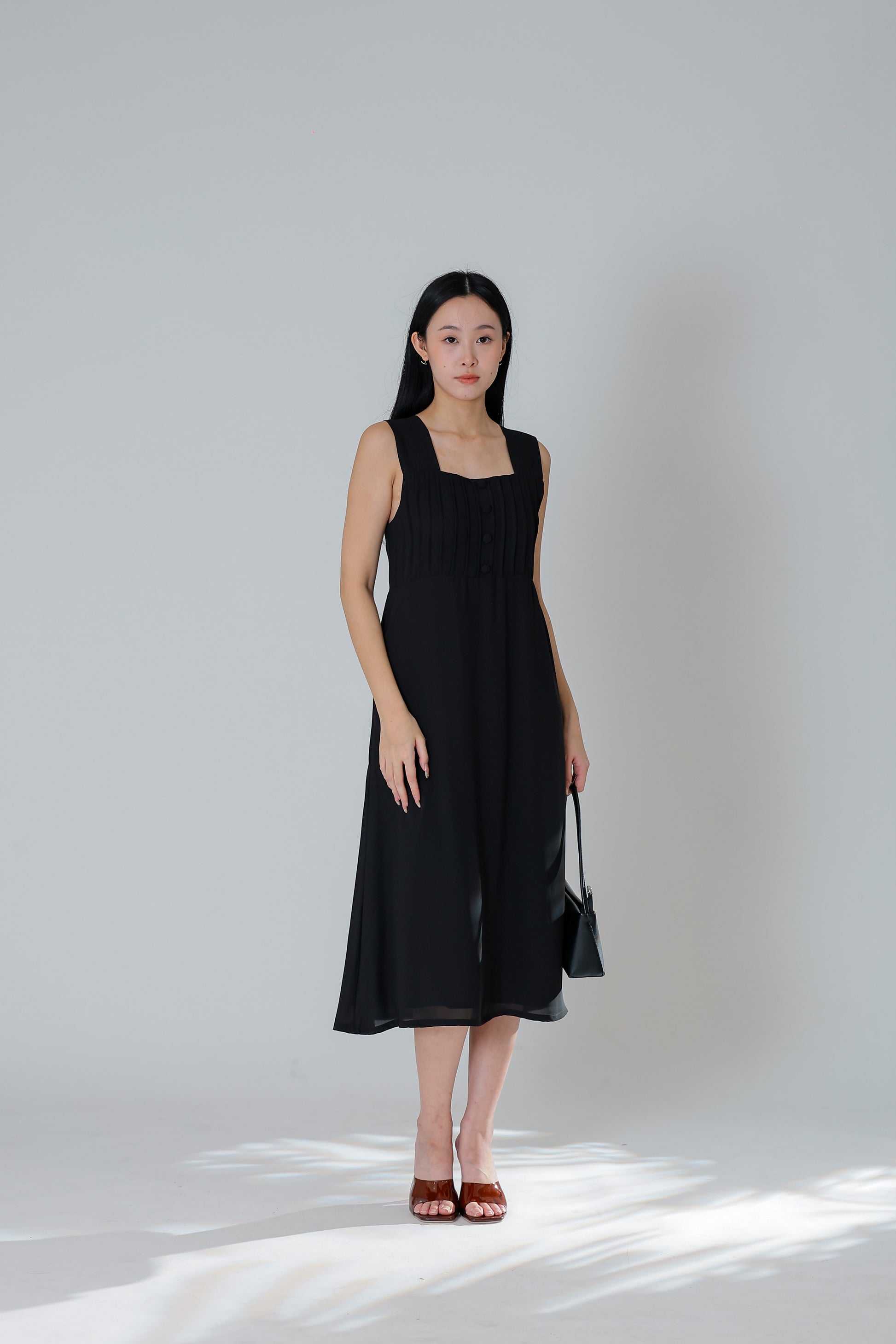 Jecca Square Neck Button Midi Dress - Black