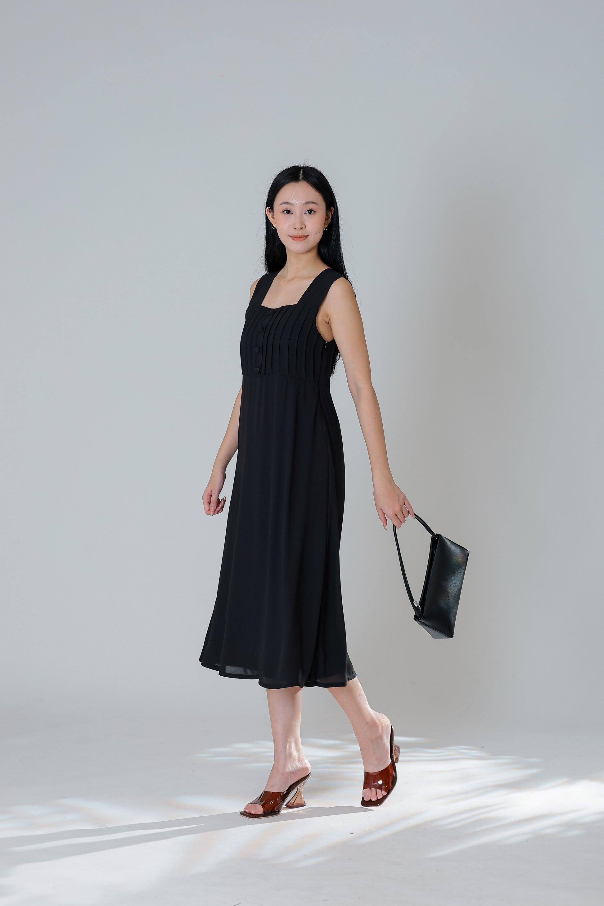Jecca Square Neck Button Midi Dress - Black
