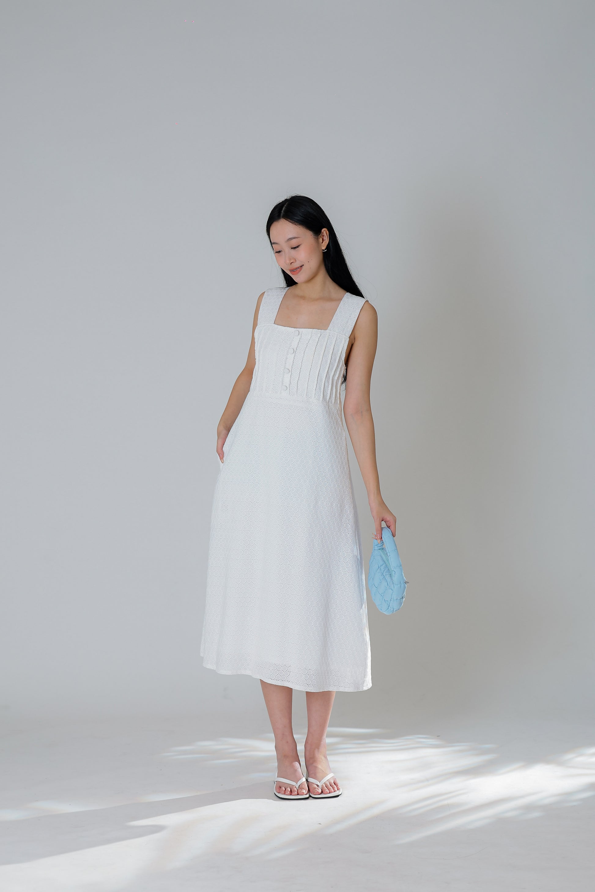 Jecca Square Neck Button Midi Dress - Ivory