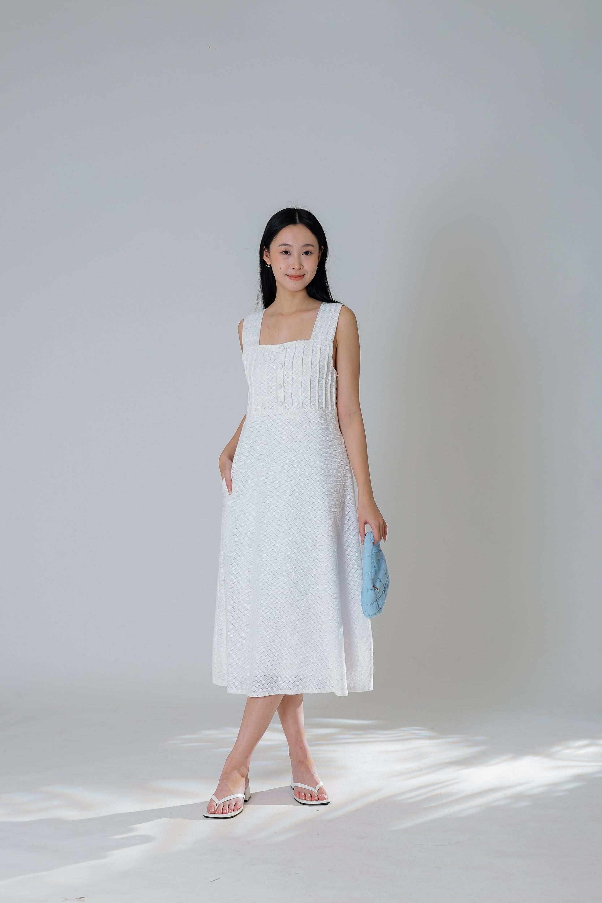 Jecca Square Neck Button Midi Dress - Ivory