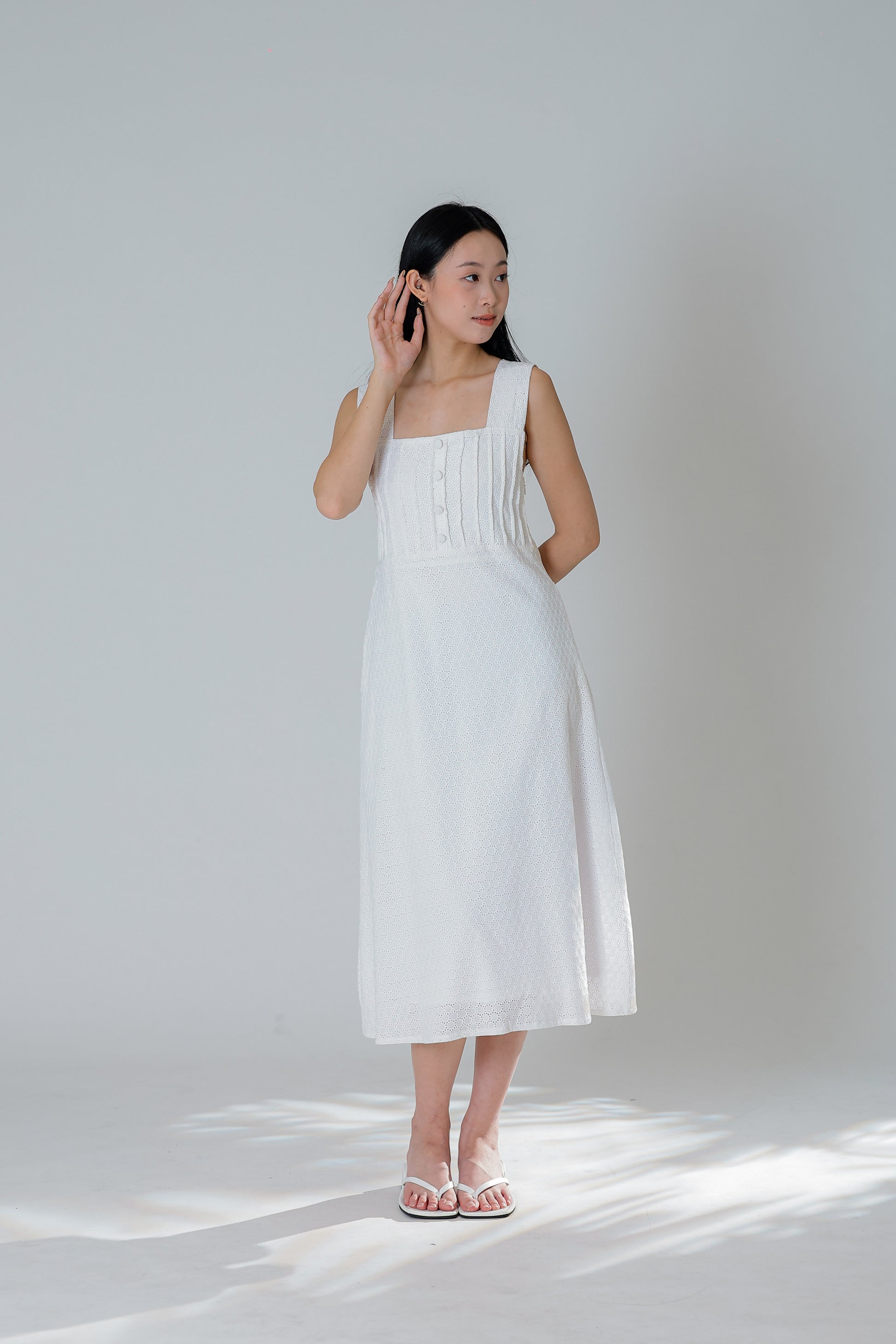 Jecca Square Neck Button Midi Dress - Ivory