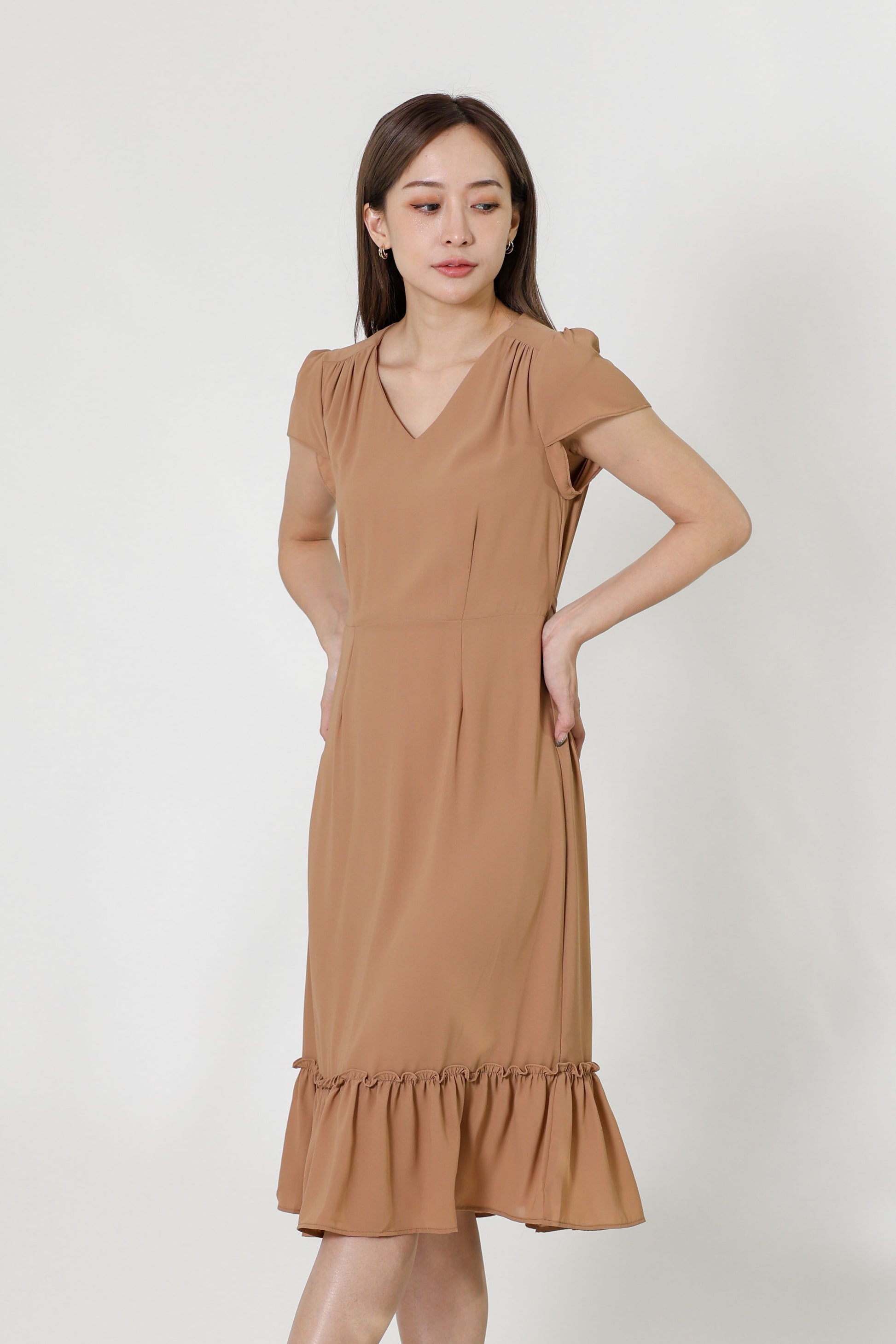 Joey V-Neck Petal Sleeve Dress - Nude