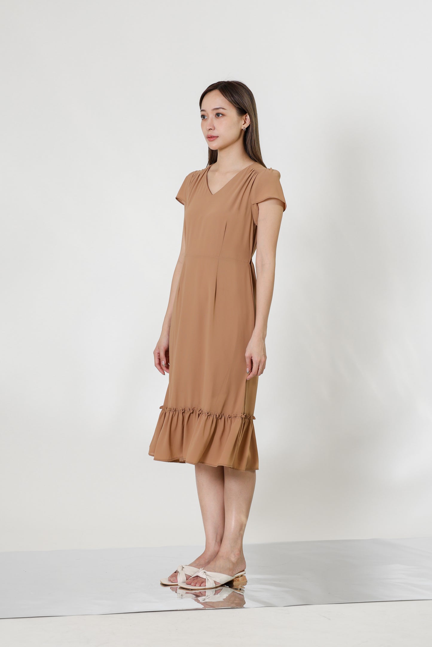 Joey V-Neck Petal Sleeve Dress - Nude