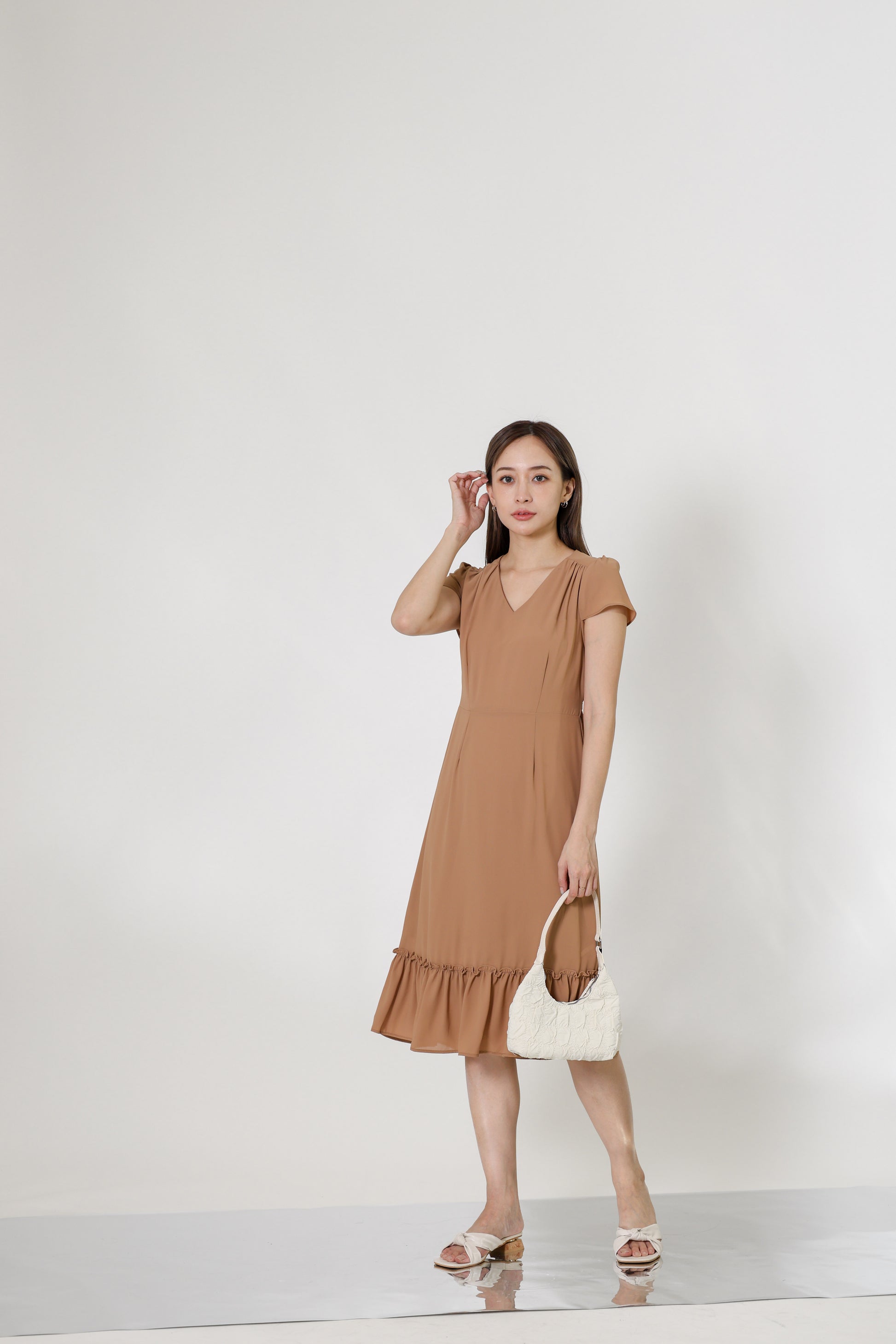 Joey V-Neck Petal Sleeve Dress - Nude