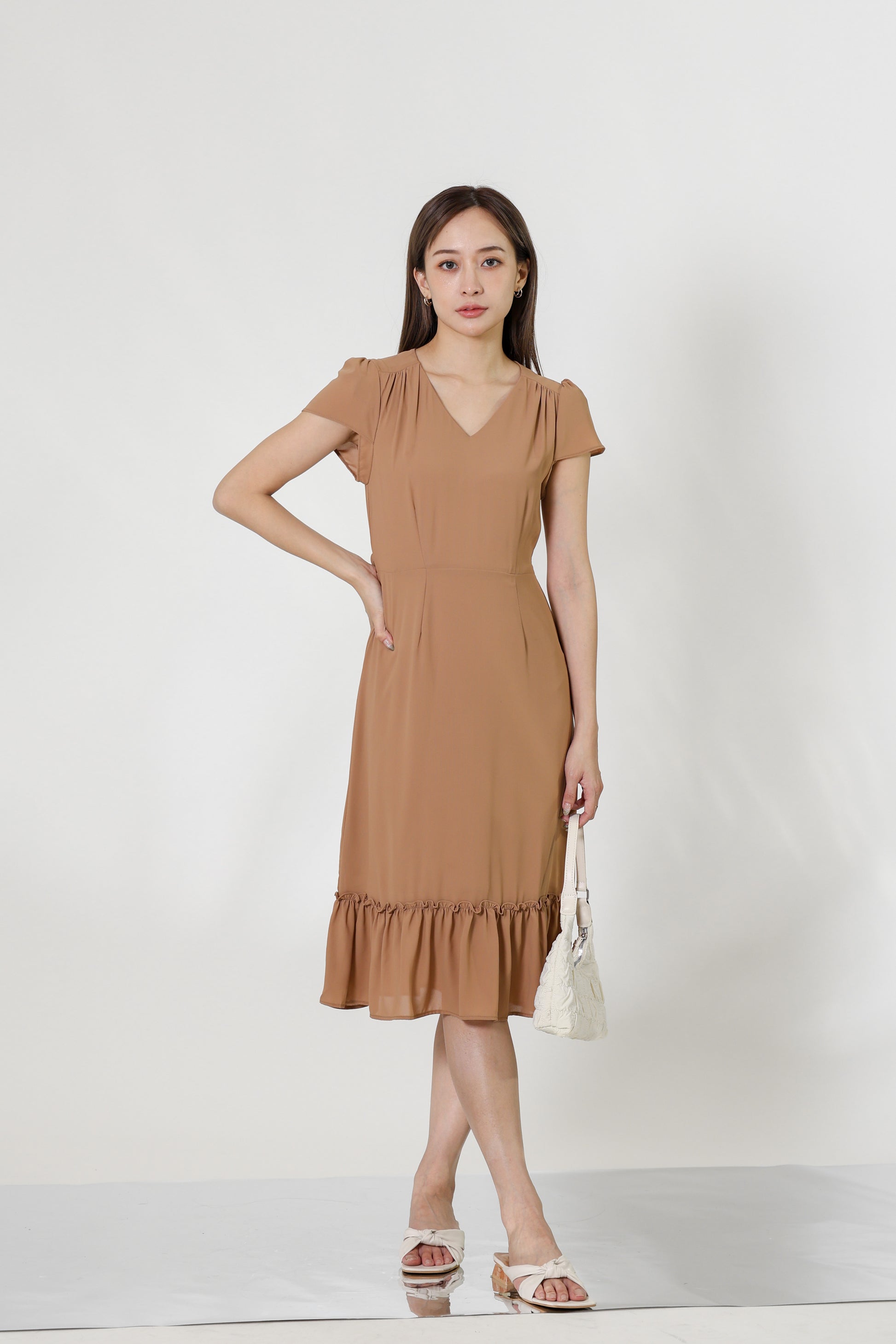 Joey V-Neck Petal Sleeve Dress - Nude